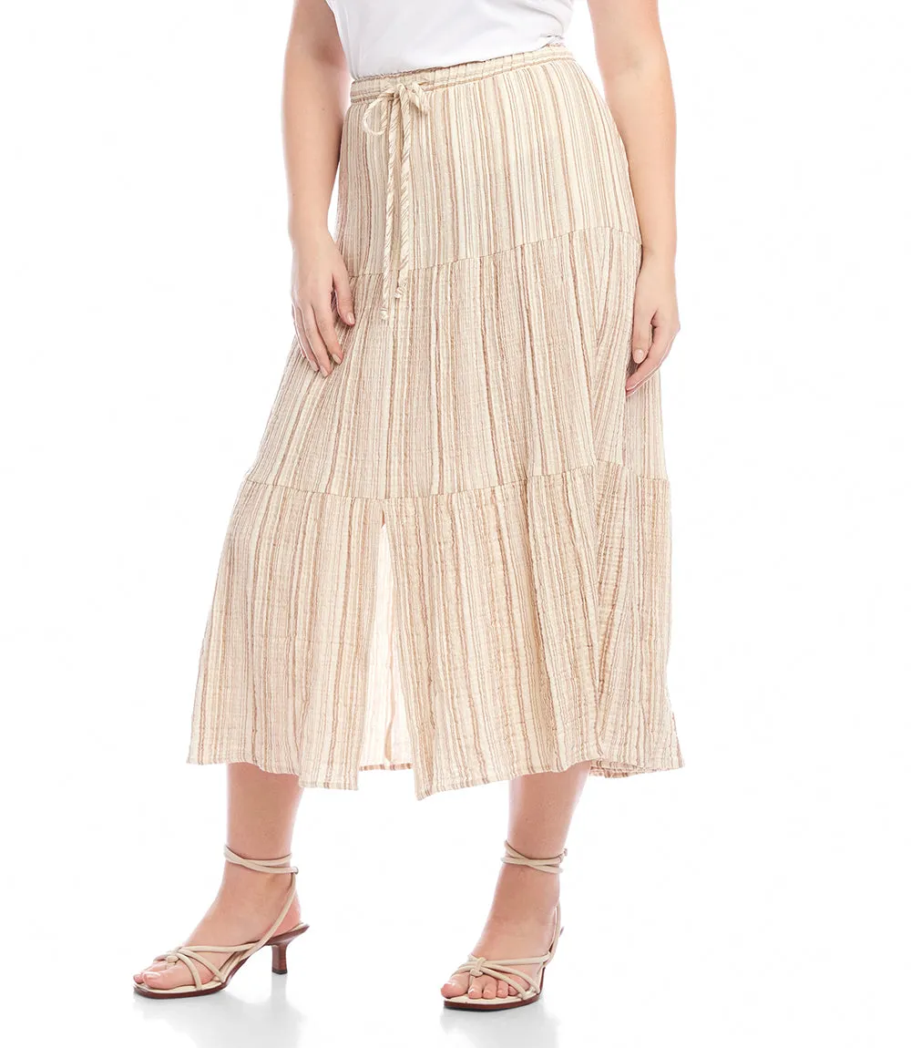 Plus Size Metallic Stripe Tiered Midi Skirt