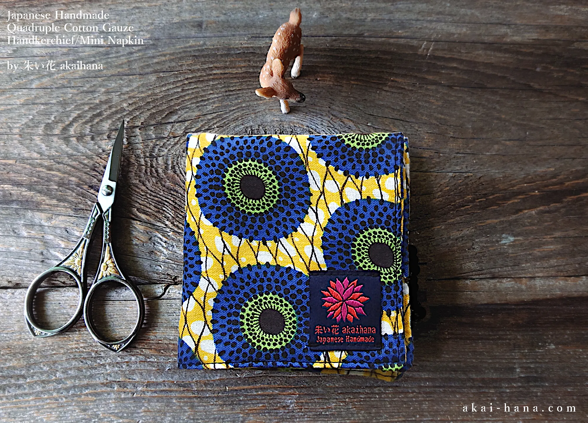 Quadruple Reversible Japanese Handkerchief, Blue Flowers x Yellow⦿wghc0010
