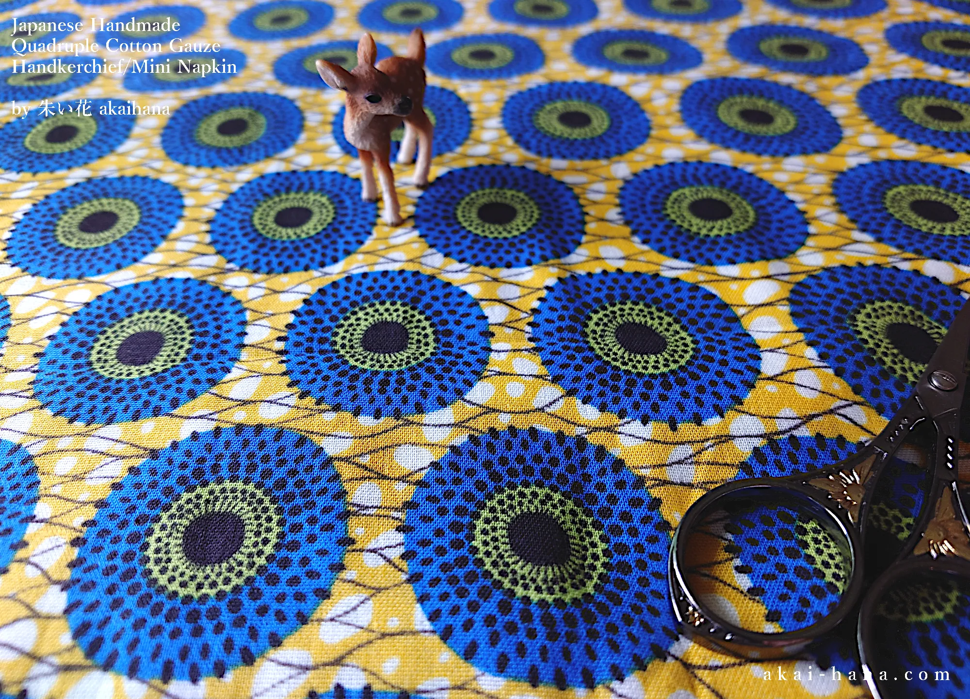 Quadruple Reversible Japanese Handkerchief, Blue Flowers x Yellow⦿wghc0010