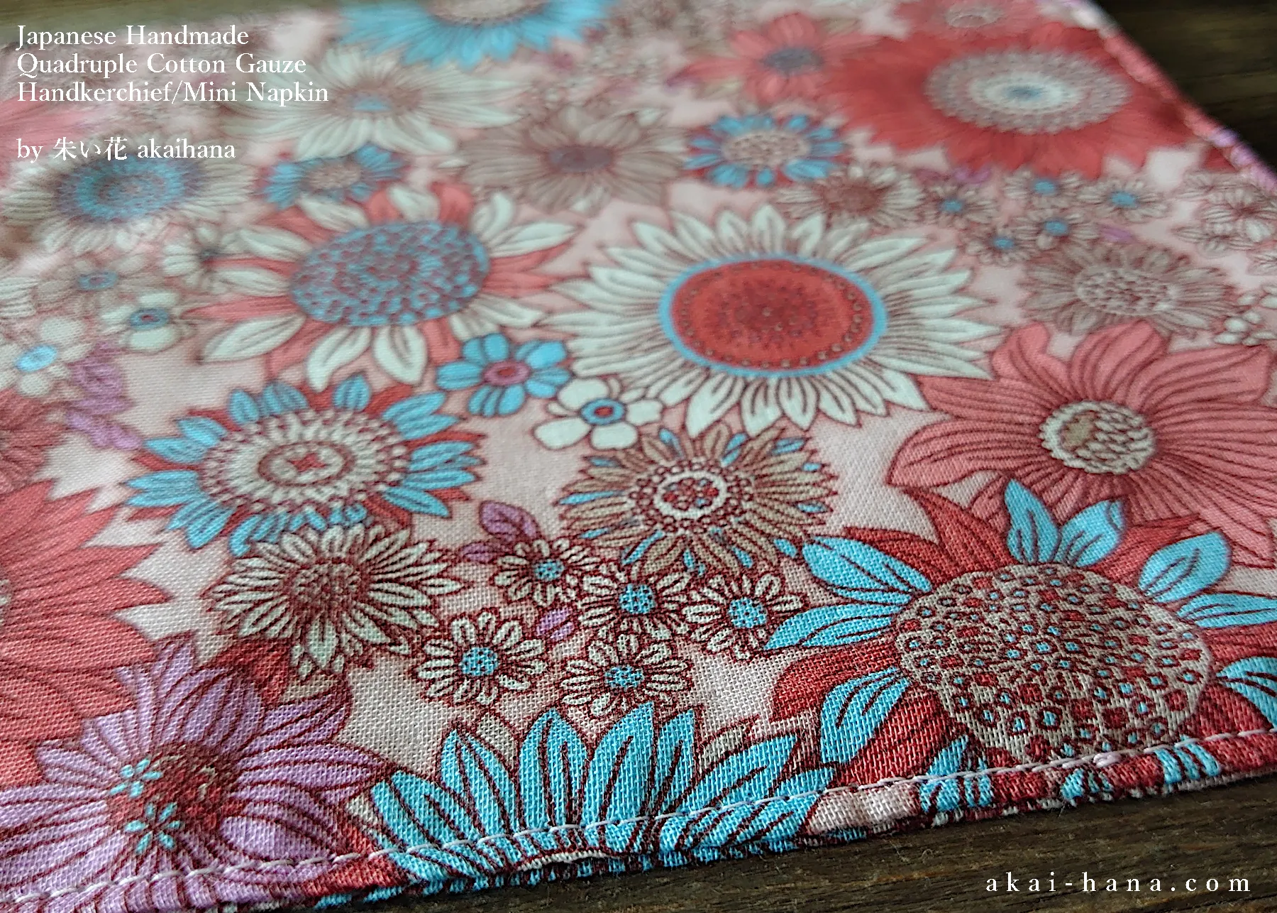 Quadruple Reversible Japanese Handkerchief, Flower Garden Pink ⦿wghc0018