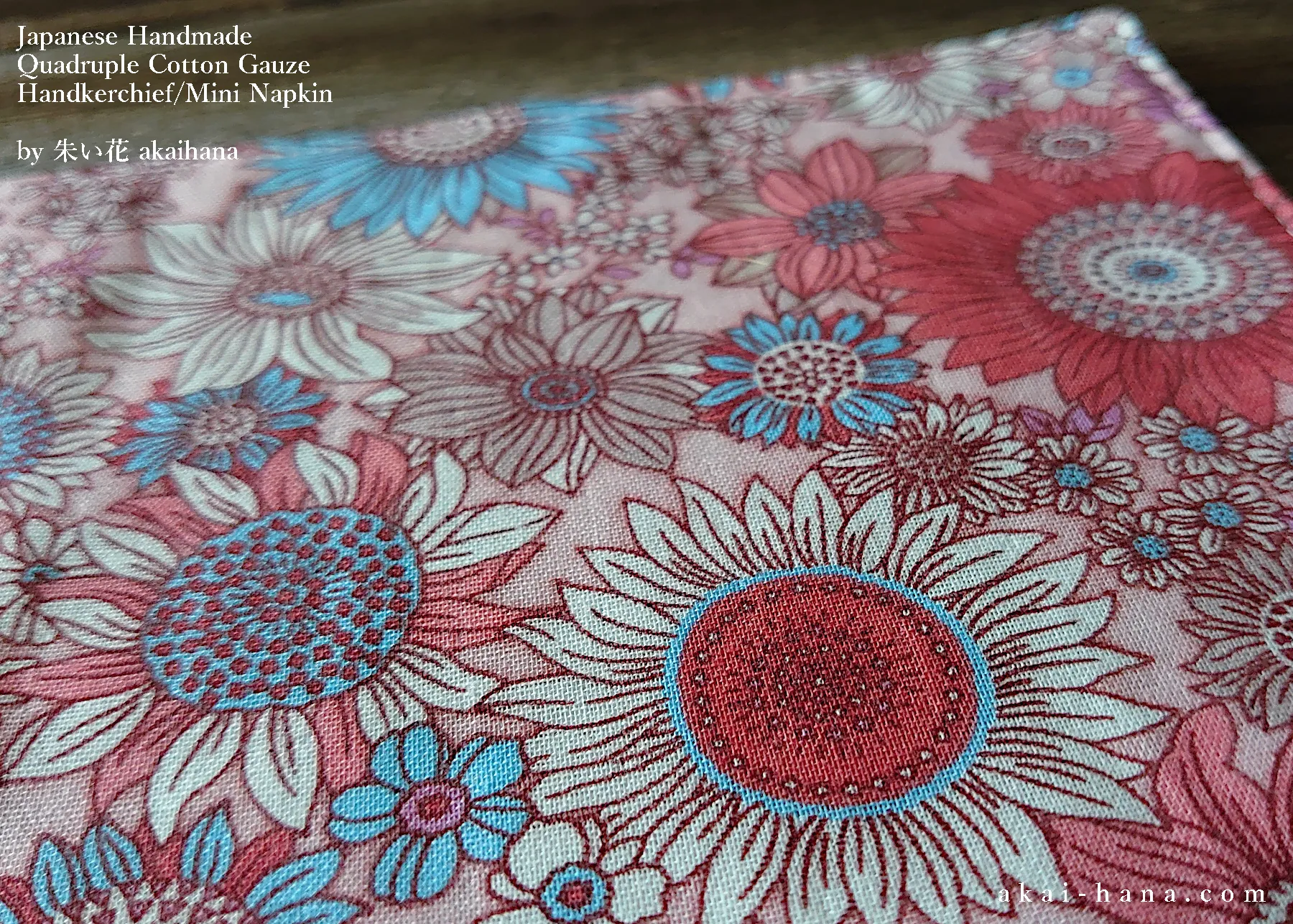 Quadruple Reversible Japanese Handkerchief, Flower Garden Pink ⦿wghc0018