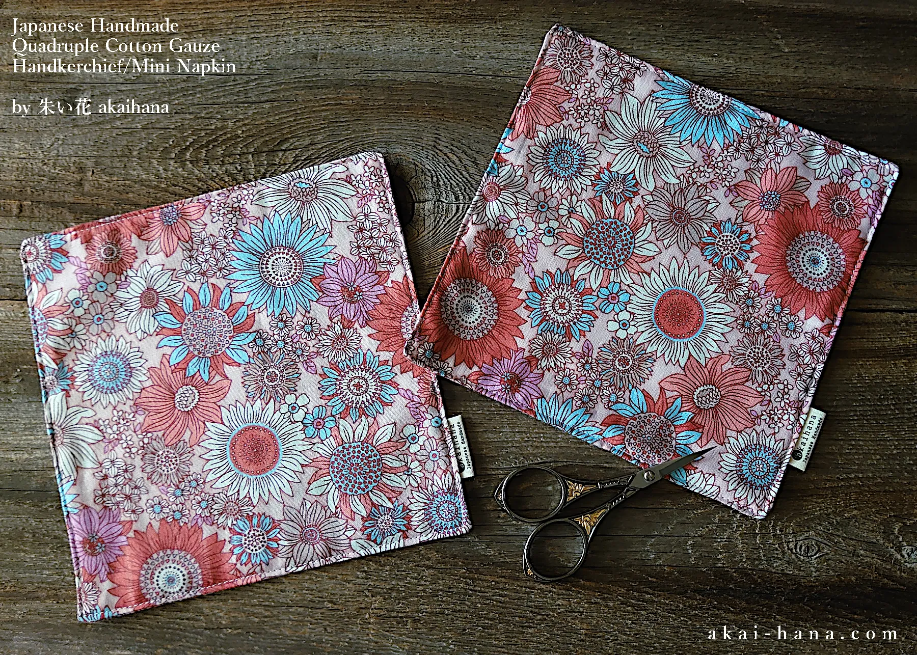 Quadruple Reversible Japanese Handkerchief, Flower Garden Pink ⦿wghc0018