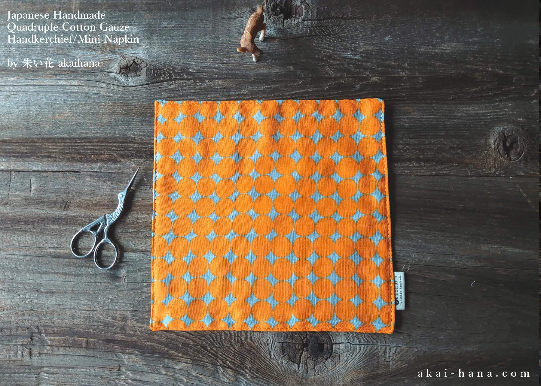 Quadruple Reversible Japanese Handkerchief, Orange Circles, 100% Japanese Cotton Gauze ⦿wghc0005