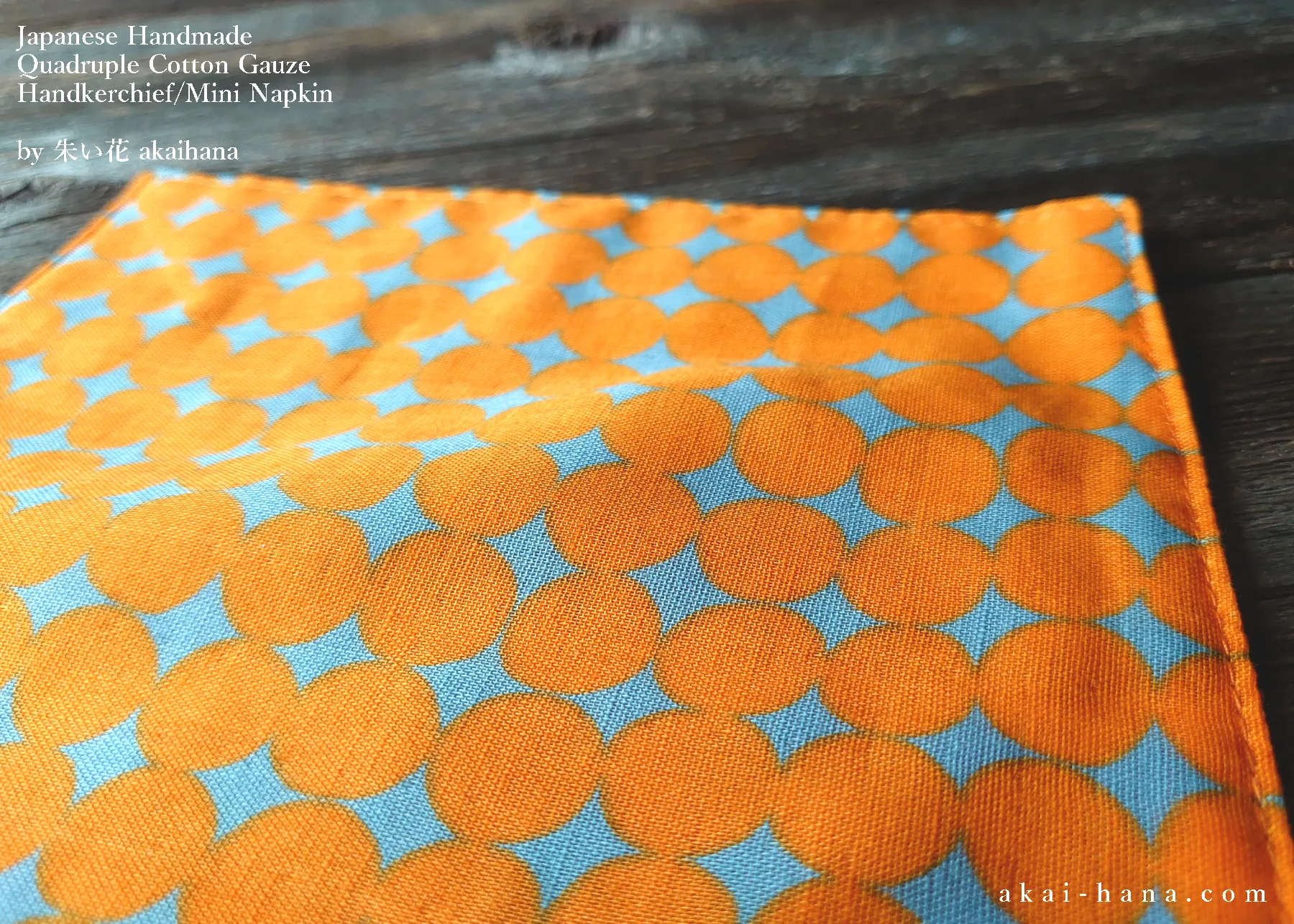 Quadruple Reversible Japanese Handkerchief, Orange Circles, 100% Japanese Cotton Gauze ⦿wghc0005
