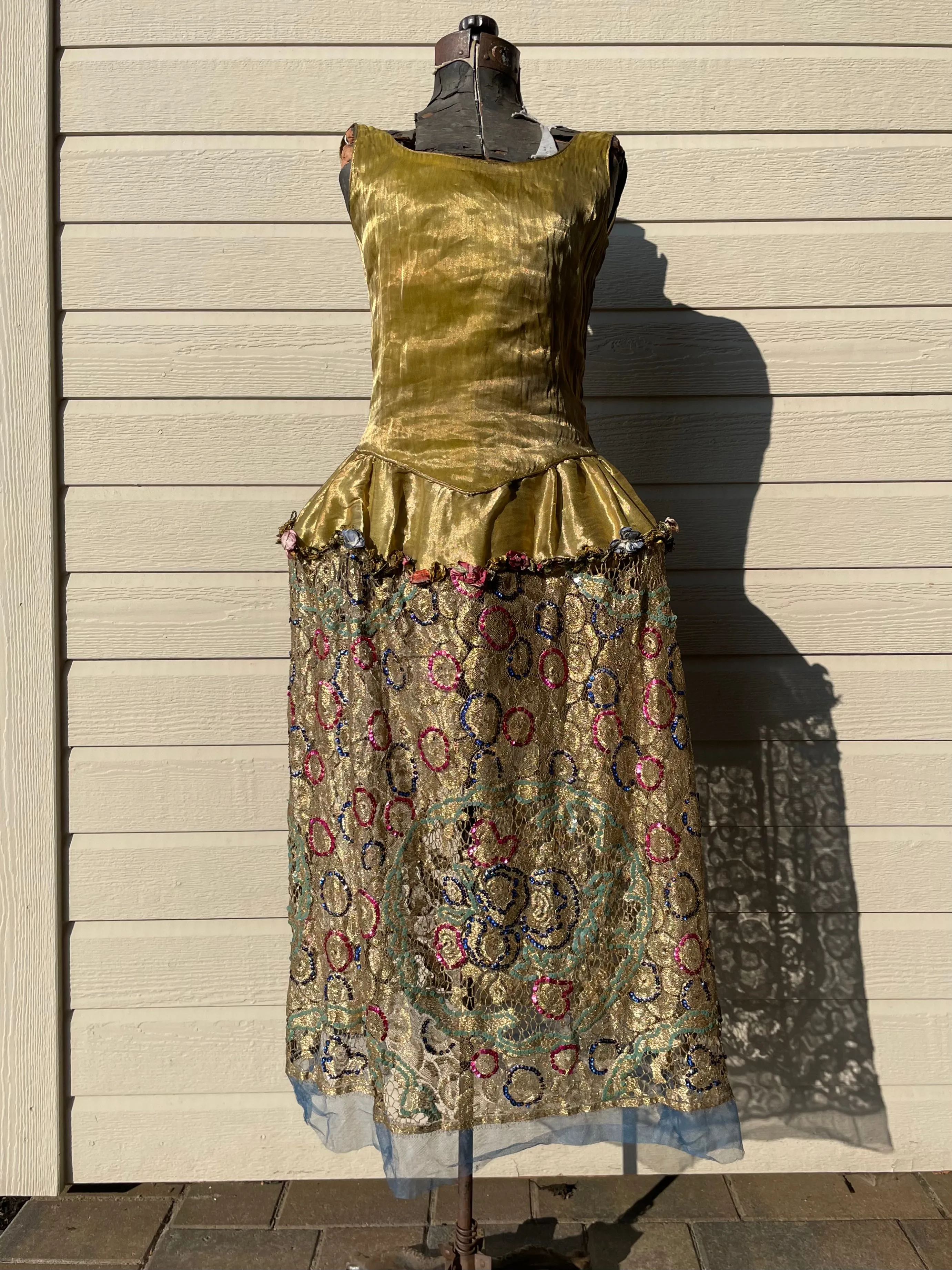 RARE 1920s Robe De Style Gold Lamé & Lace Multi Color Sequin Embellished Gown