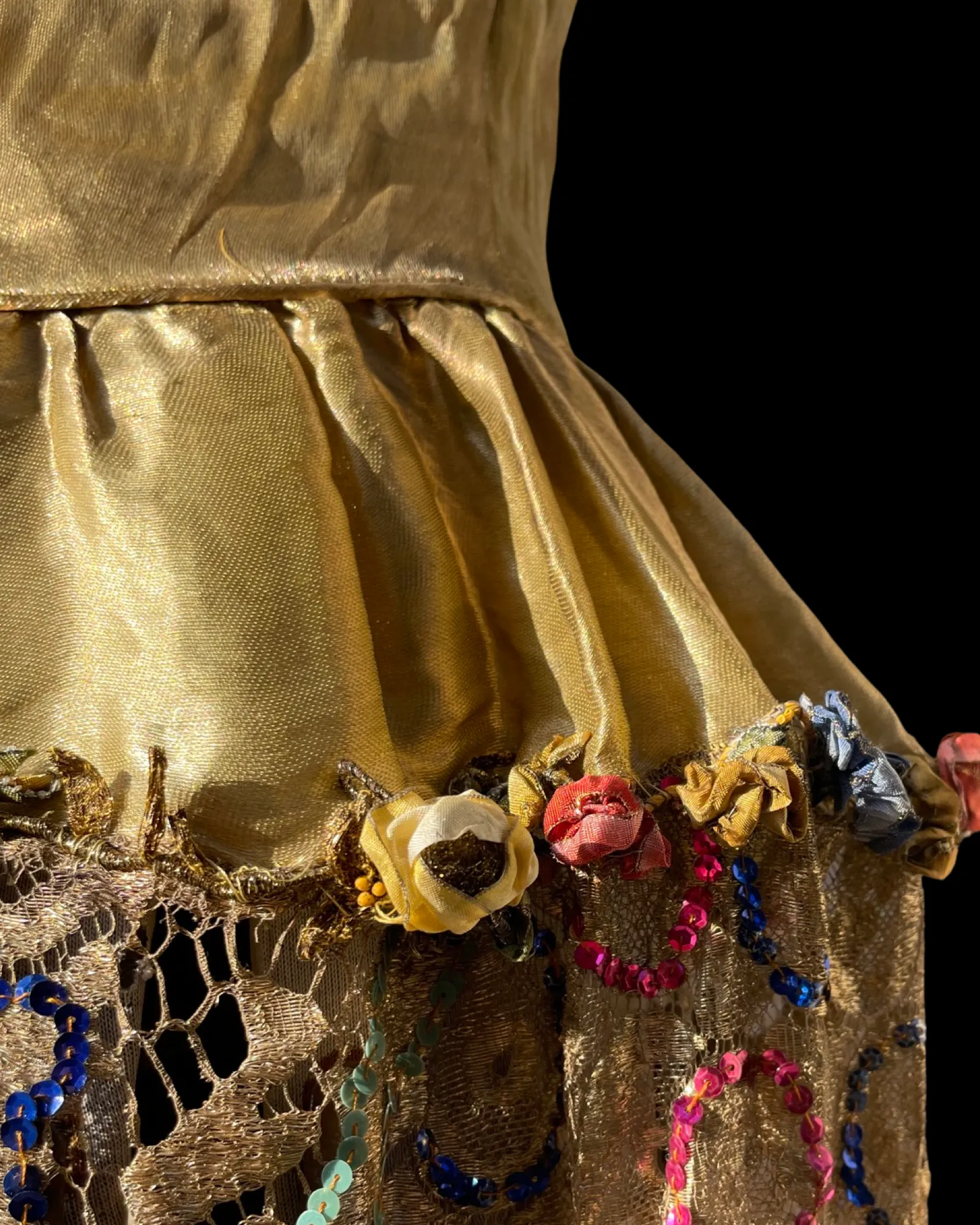 RARE 1920s Robe De Style Gold Lamé & Lace Multi Color Sequin Embellished Gown