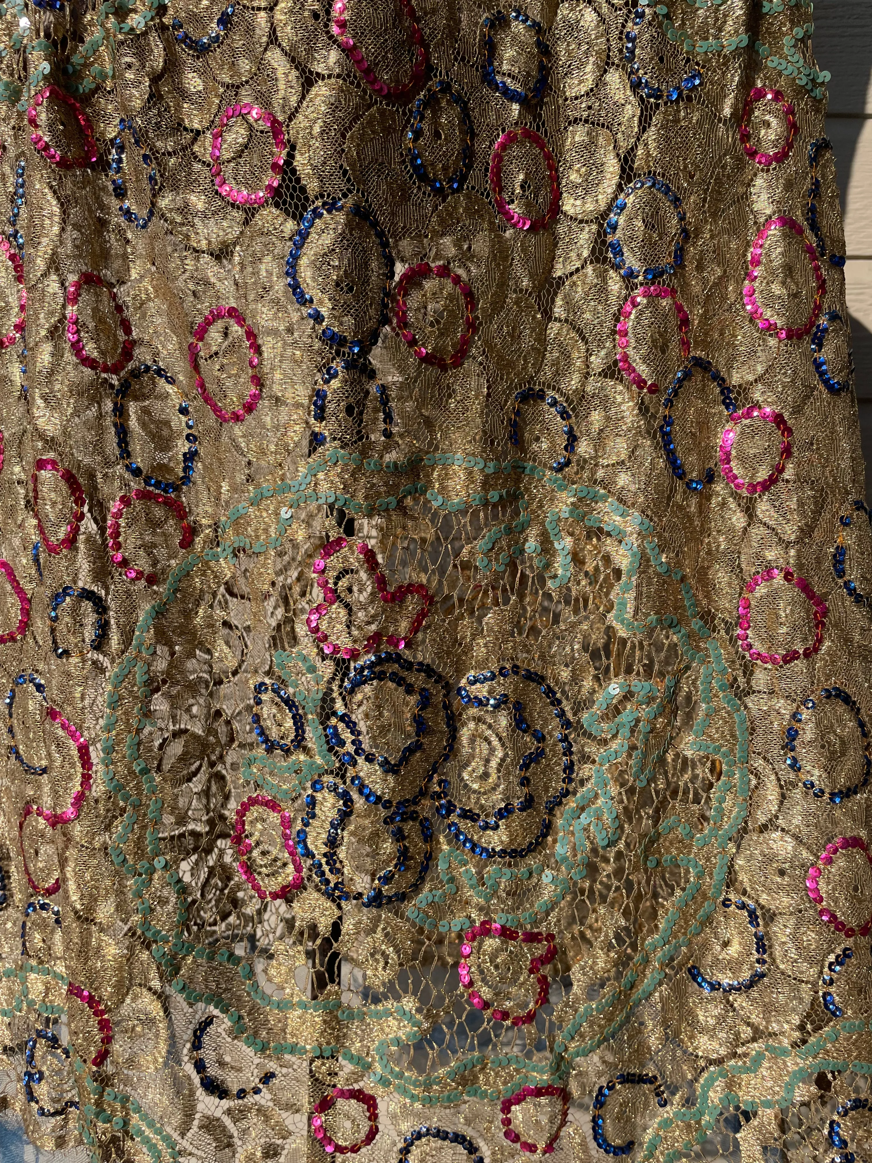 RARE 1920s Robe De Style Gold Lamé & Lace Multi Color Sequin Embellished Gown