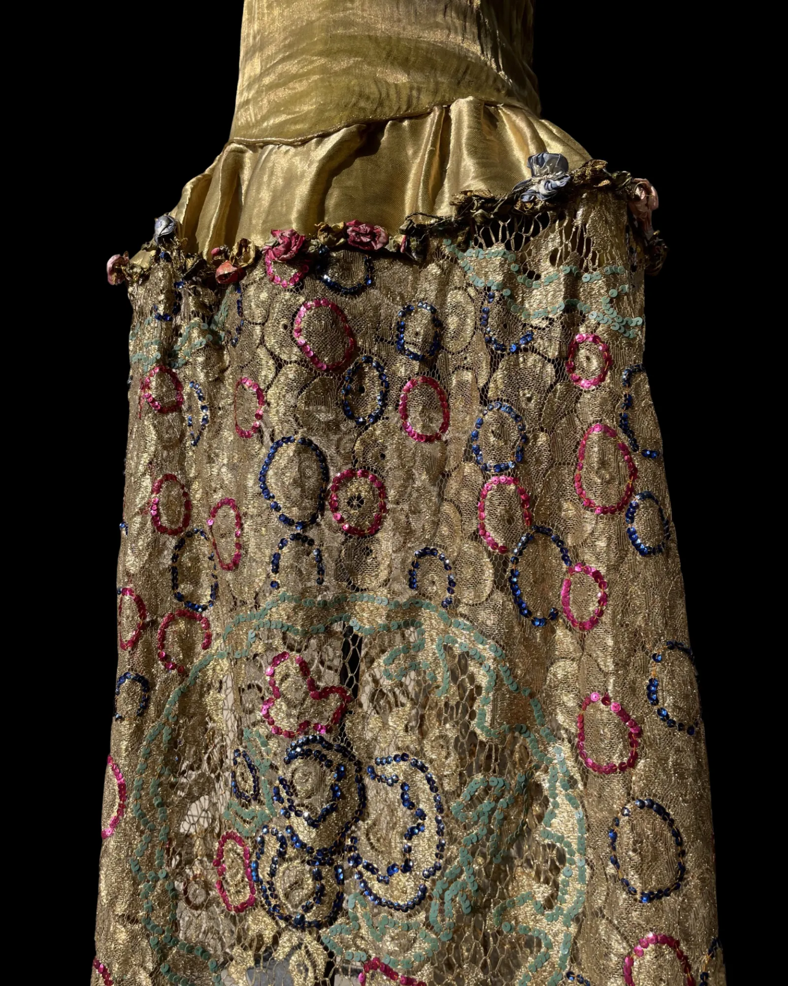RARE 1920s Robe De Style Gold Lamé & Lace Multi Color Sequin Embellished Gown