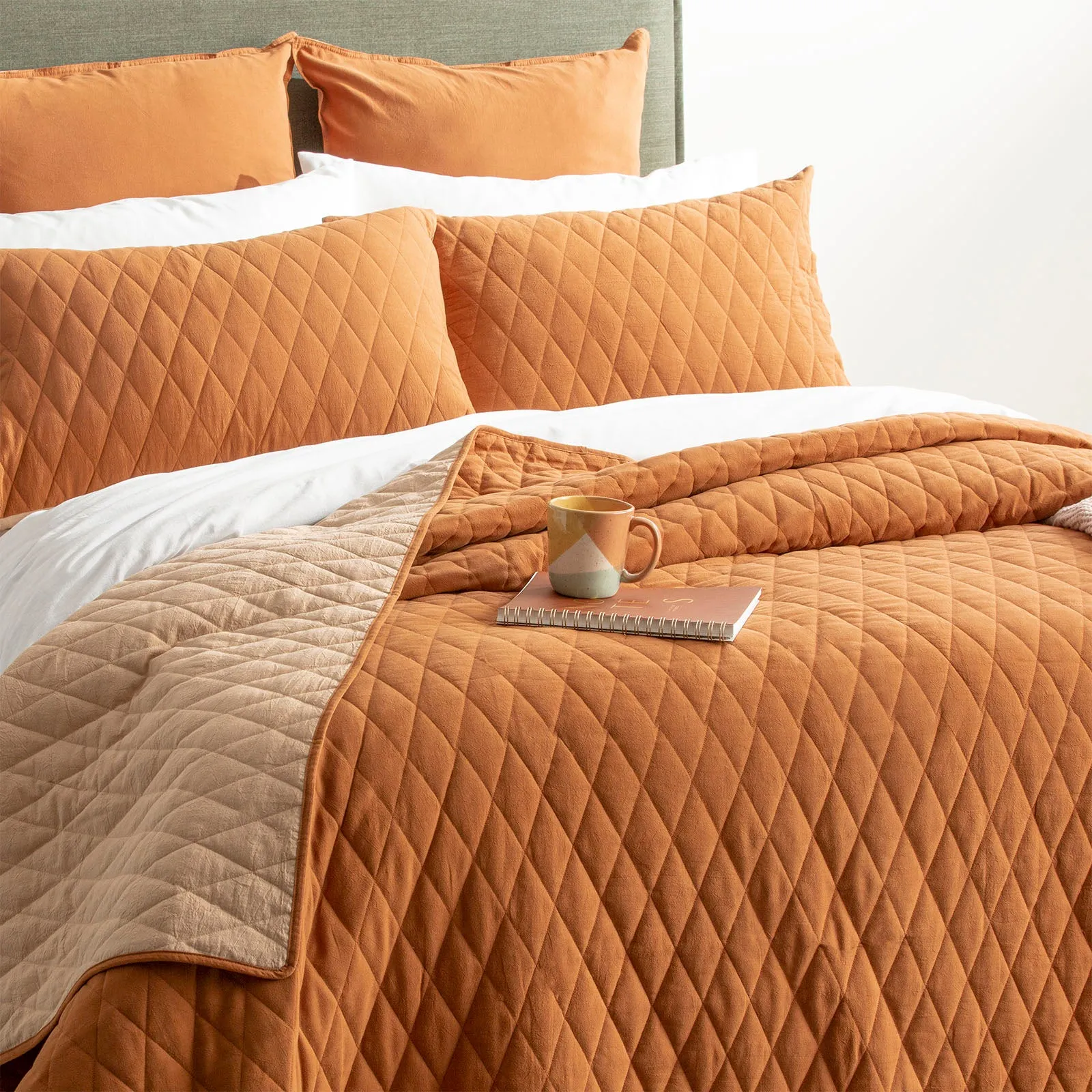 Renee Taylor Diamante Vintage Stone Washed Cotton Reversible Quilted Coverlet Set - Wood