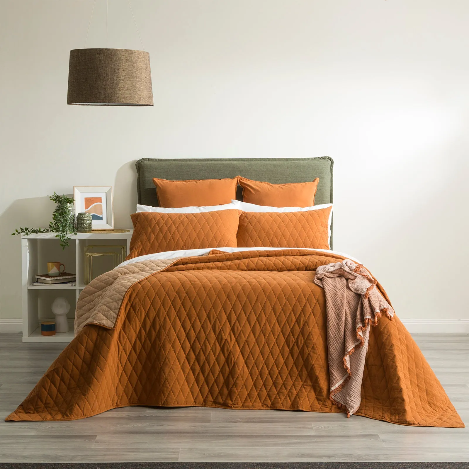 Renee Taylor Diamante Vintage Stone Washed Cotton Reversible Quilted Coverlet Set - Wood