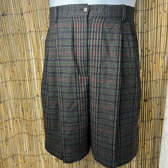 Sag Harbor Vintage Lana Wool Blend Plaid Pleated Bermuda Shorts