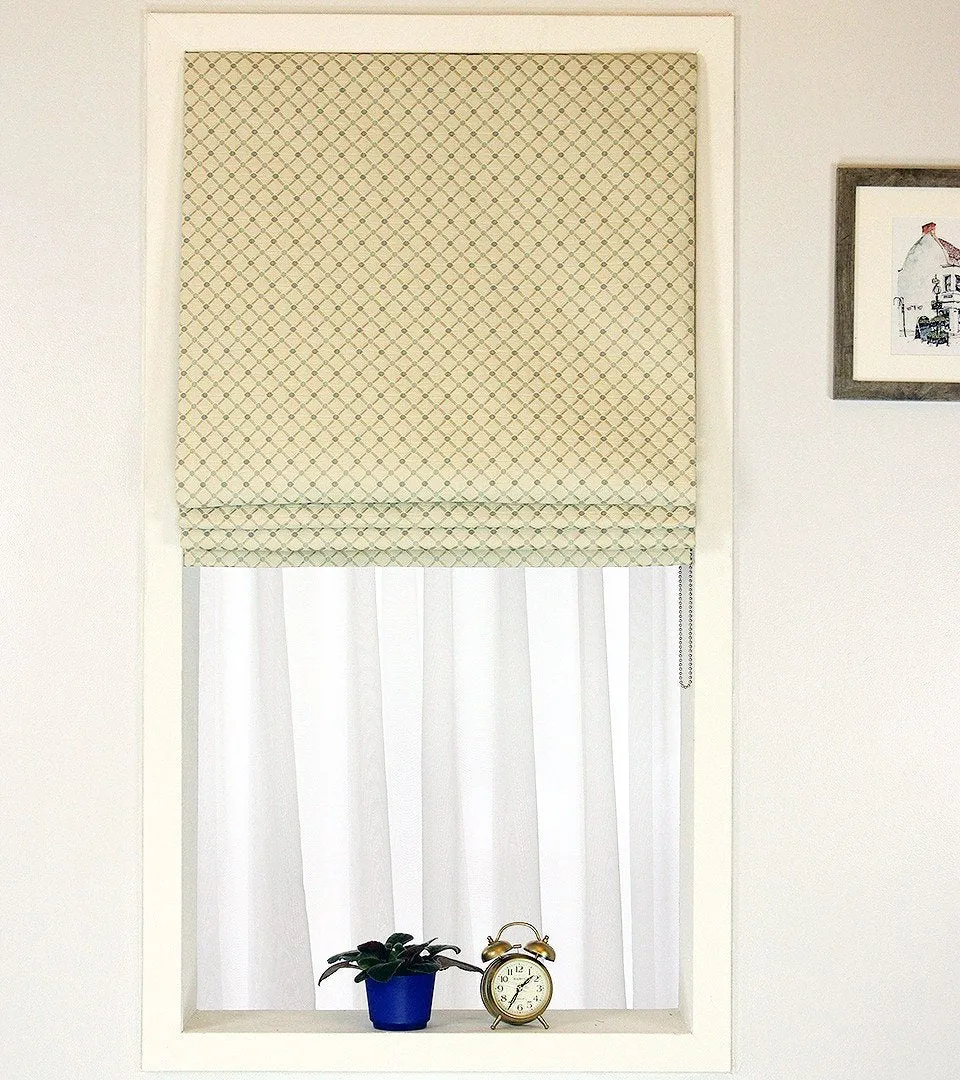 Seamless Light Green Diamond Pattern Beige Jacquard Custom Made Farmhouse style Flat Roman Shade.