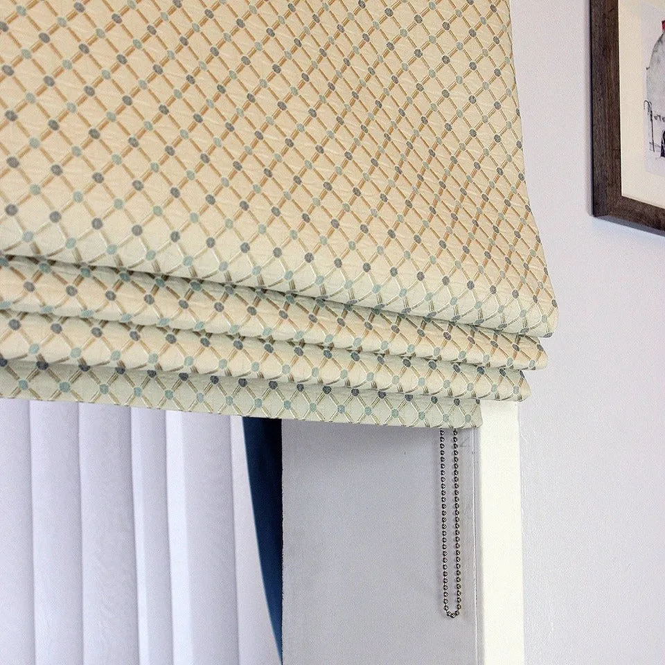 Seamless Light Green Diamond Pattern Beige Jacquard Custom Made Farmhouse style Flat Roman Shade.