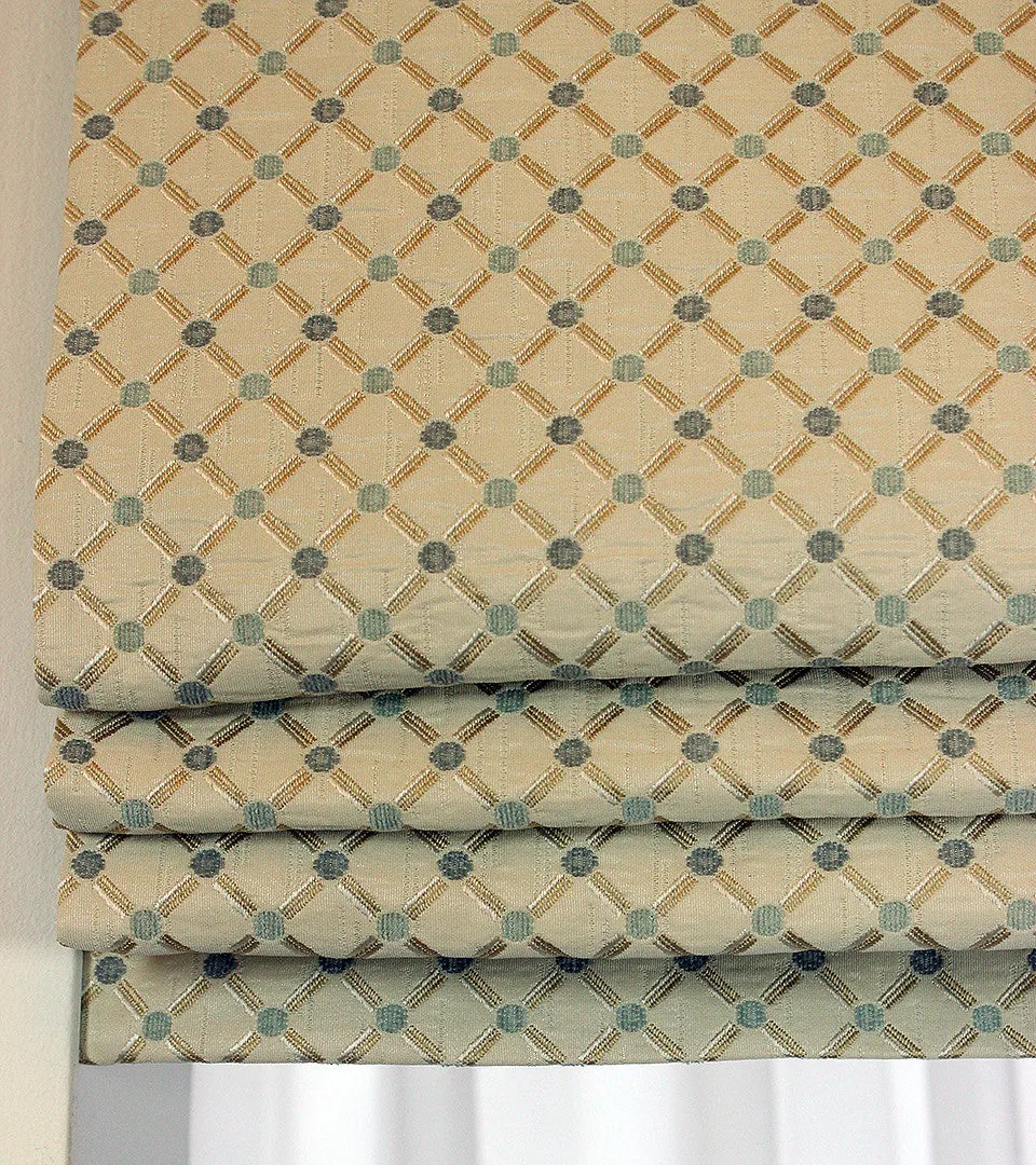 Seamless Light Green Diamond Pattern Beige Jacquard Custom Made Farmhouse style Flat Roman Shade.