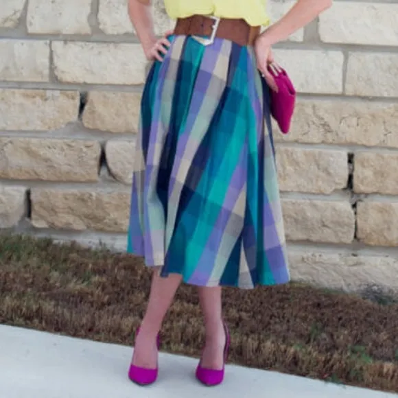 Shabby Apple Aqua Blue &amp; Purple Checked Plaid Fit &amp; Flare Midi Skirt Size 8