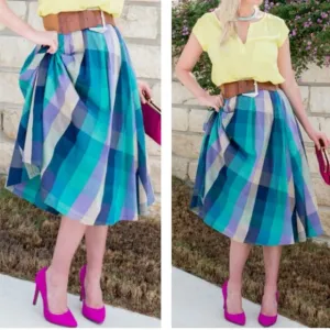 Shabby Apple Aqua Blue &amp; Purple Checked Plaid Fit &amp; Flare Midi Skirt Size 8