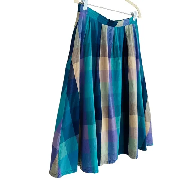 Shabby Apple Aqua Blue &amp; Purple Checked Plaid Fit &amp; Flare Midi Skirt Size 8