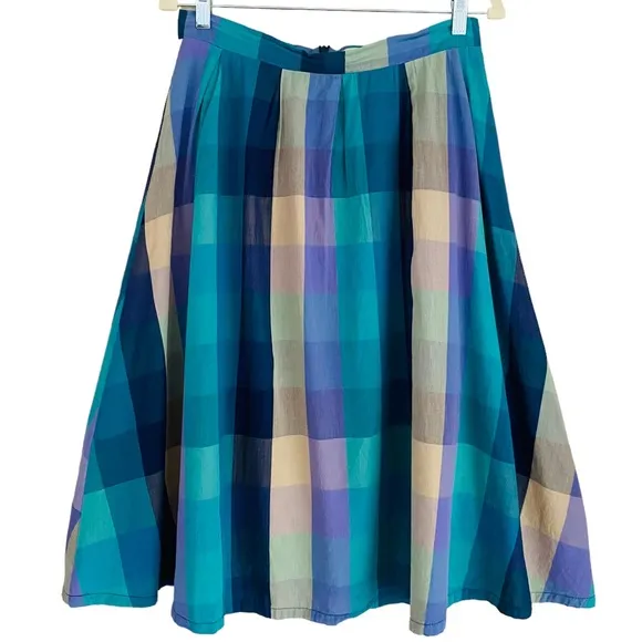Shabby Apple Aqua Blue &amp; Purple Checked Plaid Fit &amp; Flare Midi Skirt Size 8