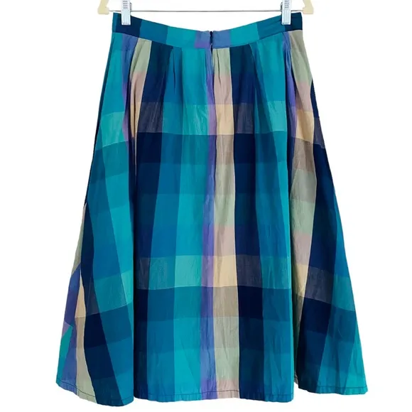 Shabby Apple Aqua Blue &amp; Purple Checked Plaid Fit &amp; Flare Midi Skirt Size 8