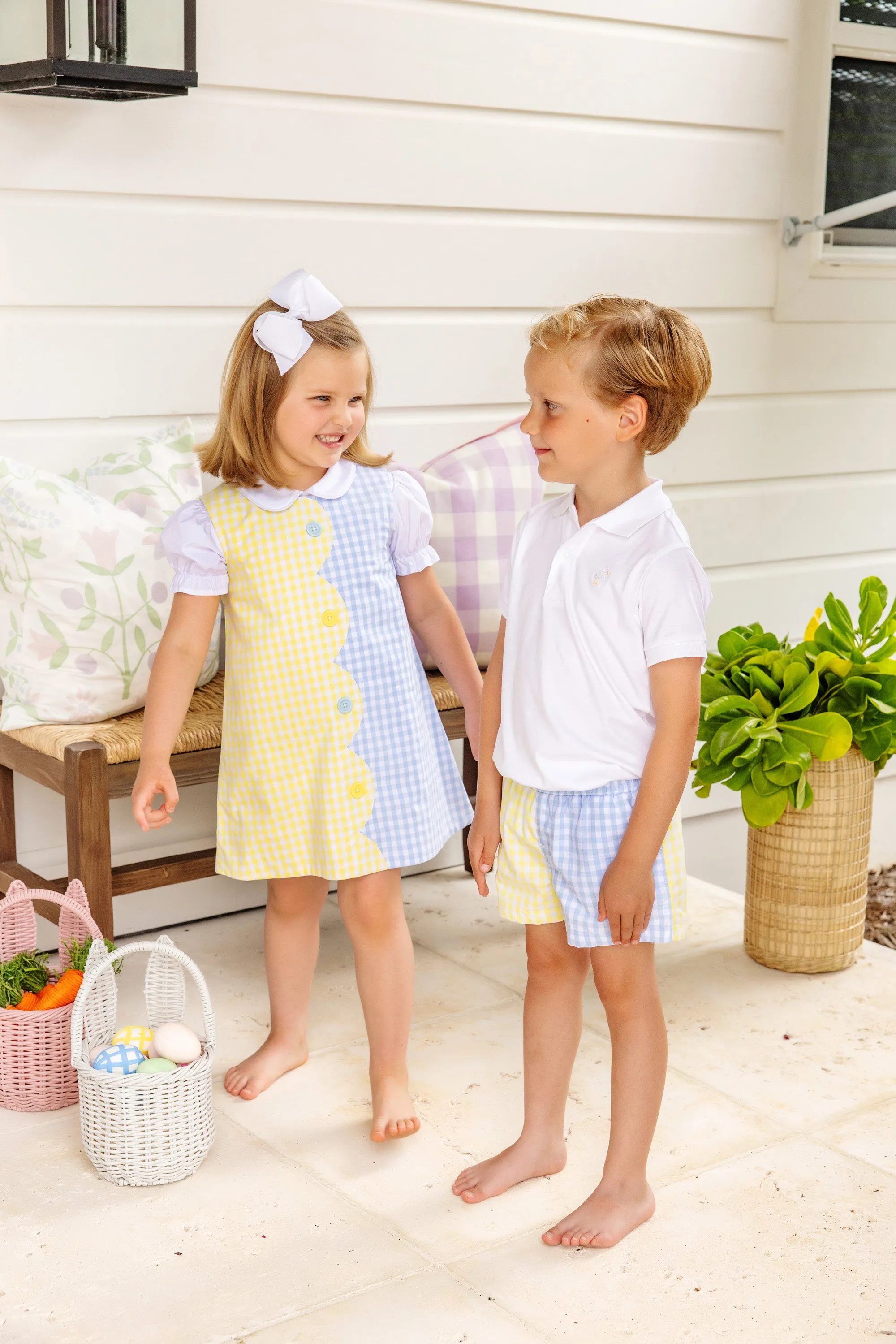 Sheffield Shorts - Buckhead Blue Gingham and Lake Worth Yellow Gingham with Worth Avenue White Stork