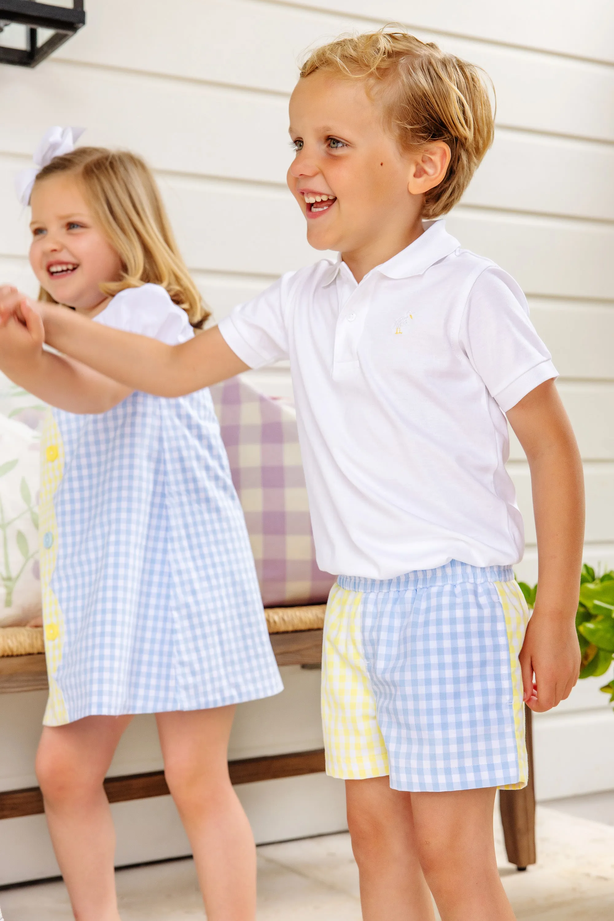 Sheffield Shorts - Buckhead Blue Gingham and Lake Worth Yellow Gingham with Worth Avenue White Stork