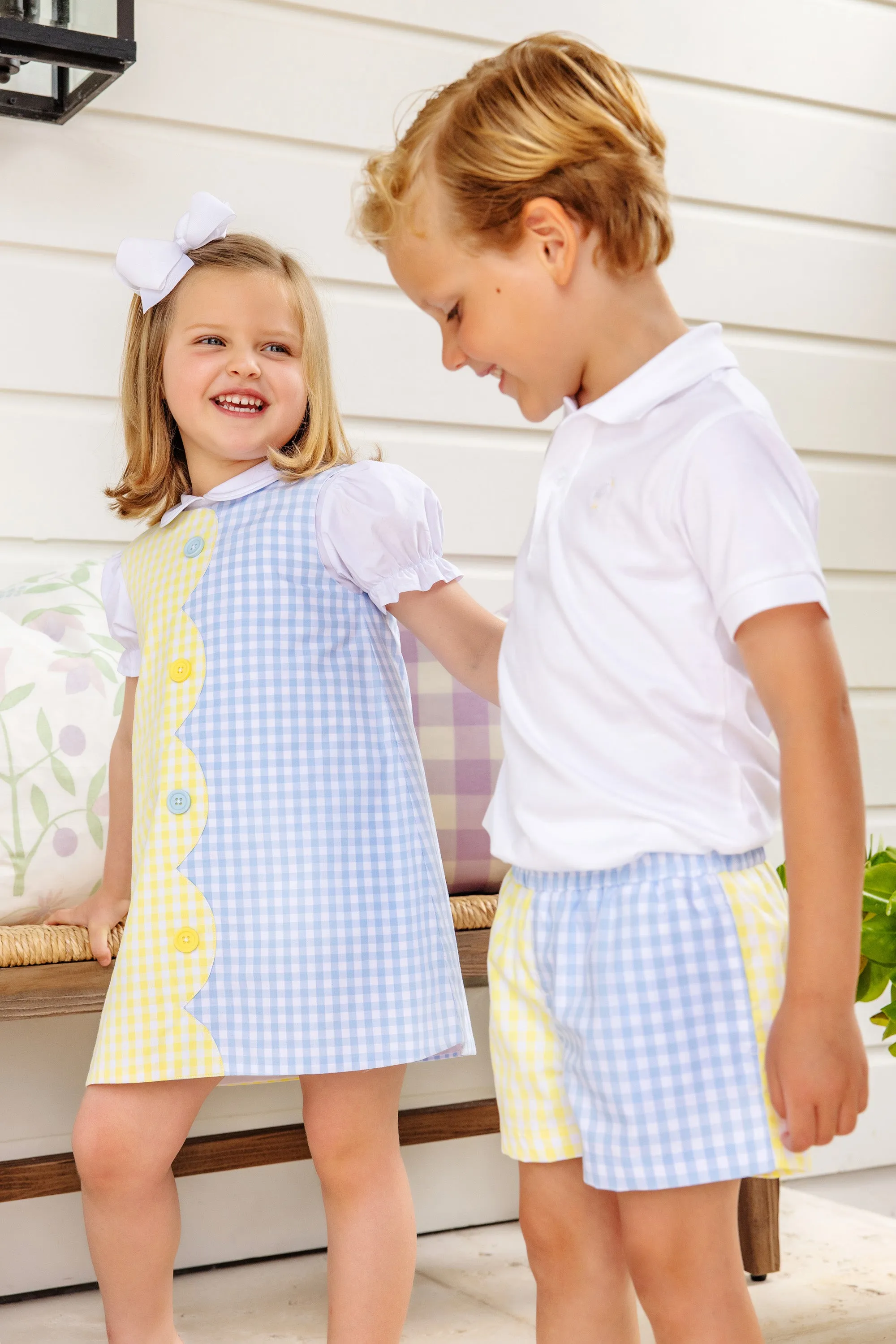 Sheffield Shorts - Buckhead Blue Gingham and Lake Worth Yellow Gingham with Worth Avenue White Stork