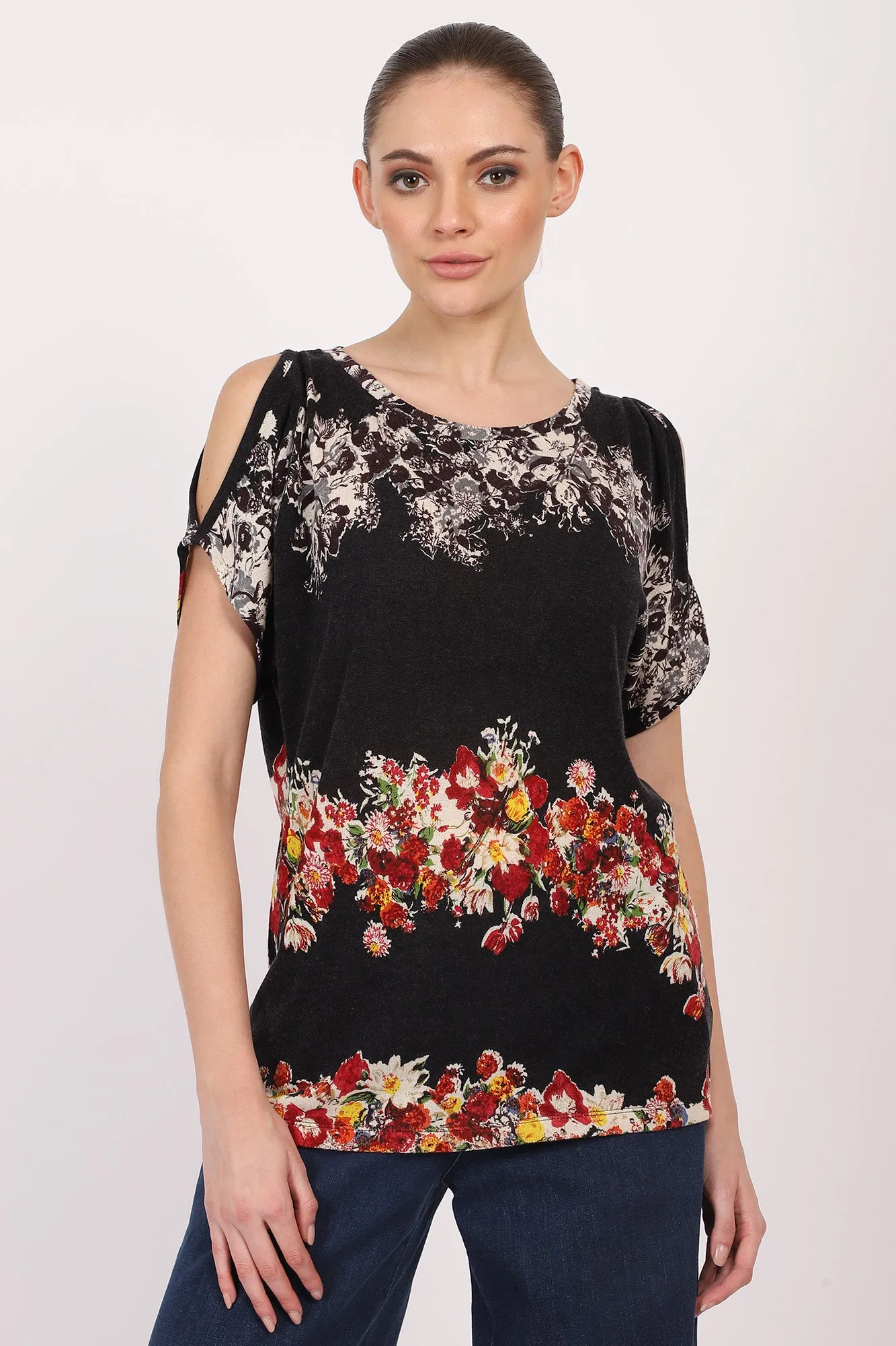 Silk Cashmere - Striped Bouquet Floral Top