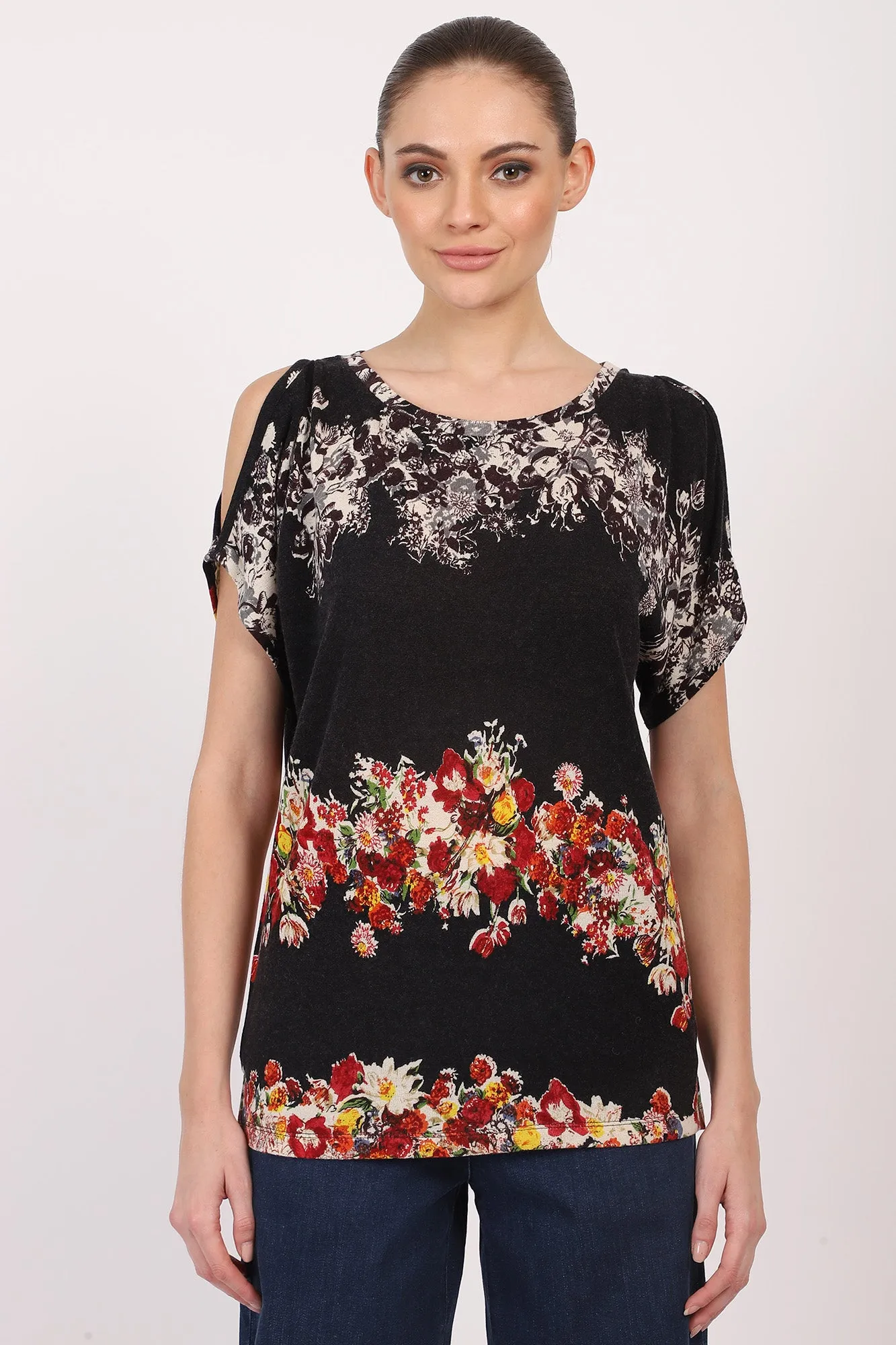 Silk Cashmere - Striped Bouquet Floral Top
