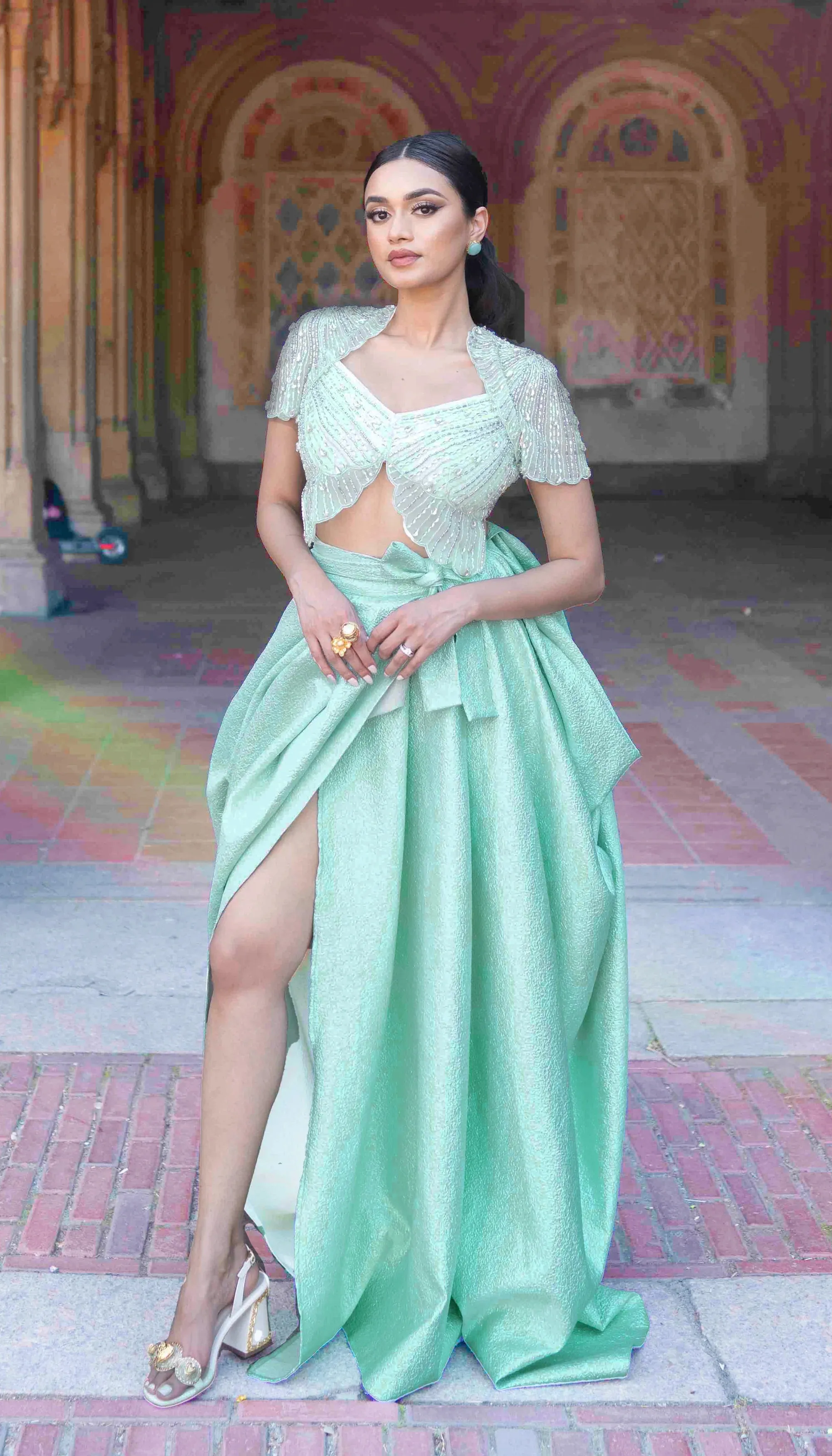 SILVER CLOUD- SILVER METALLIC JACQUARD DRAPPED SKIRT SET