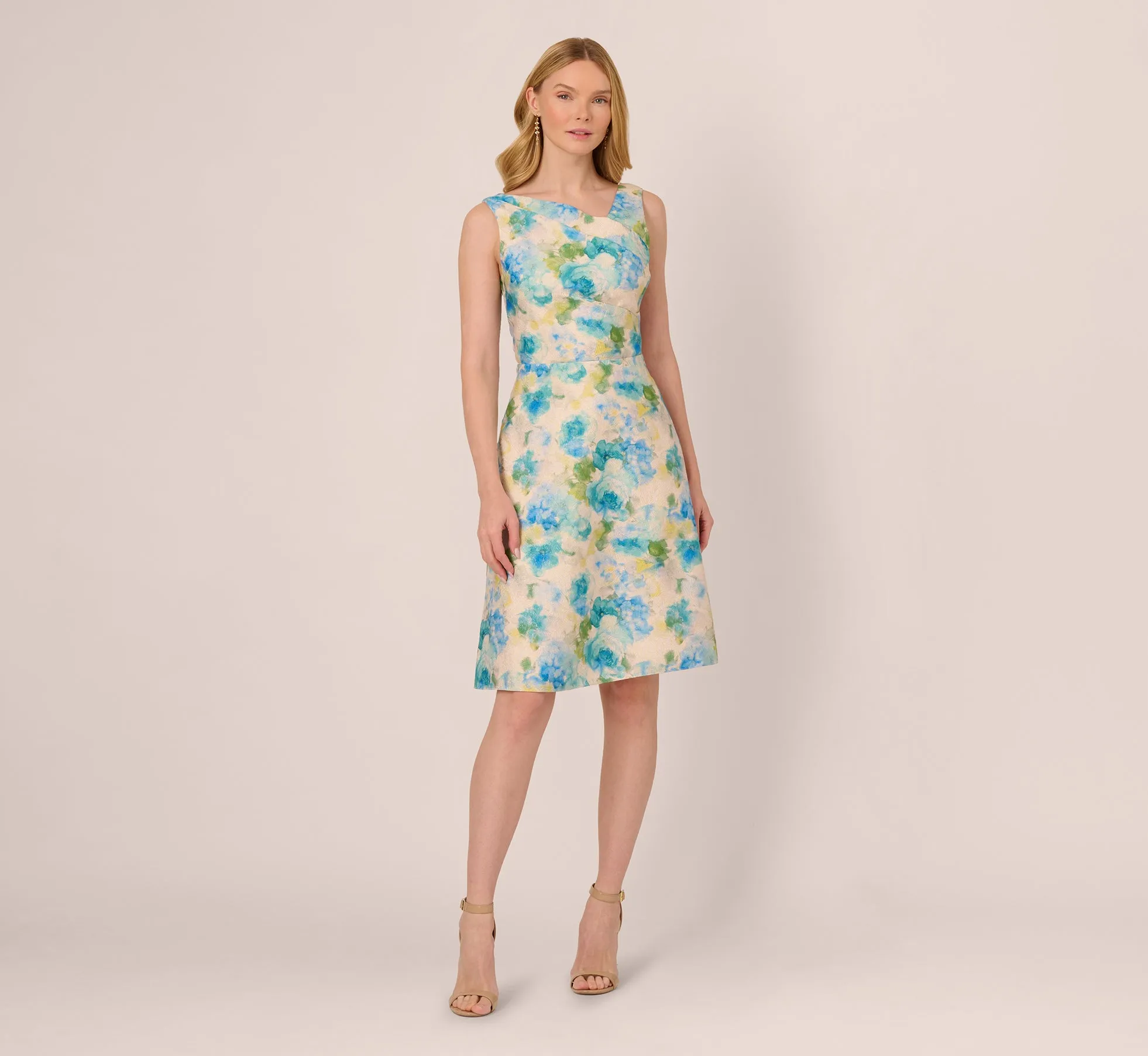 Sleeveless Asymmetrical Floral Jacquard Midi Dress In Ivory Blue Multi