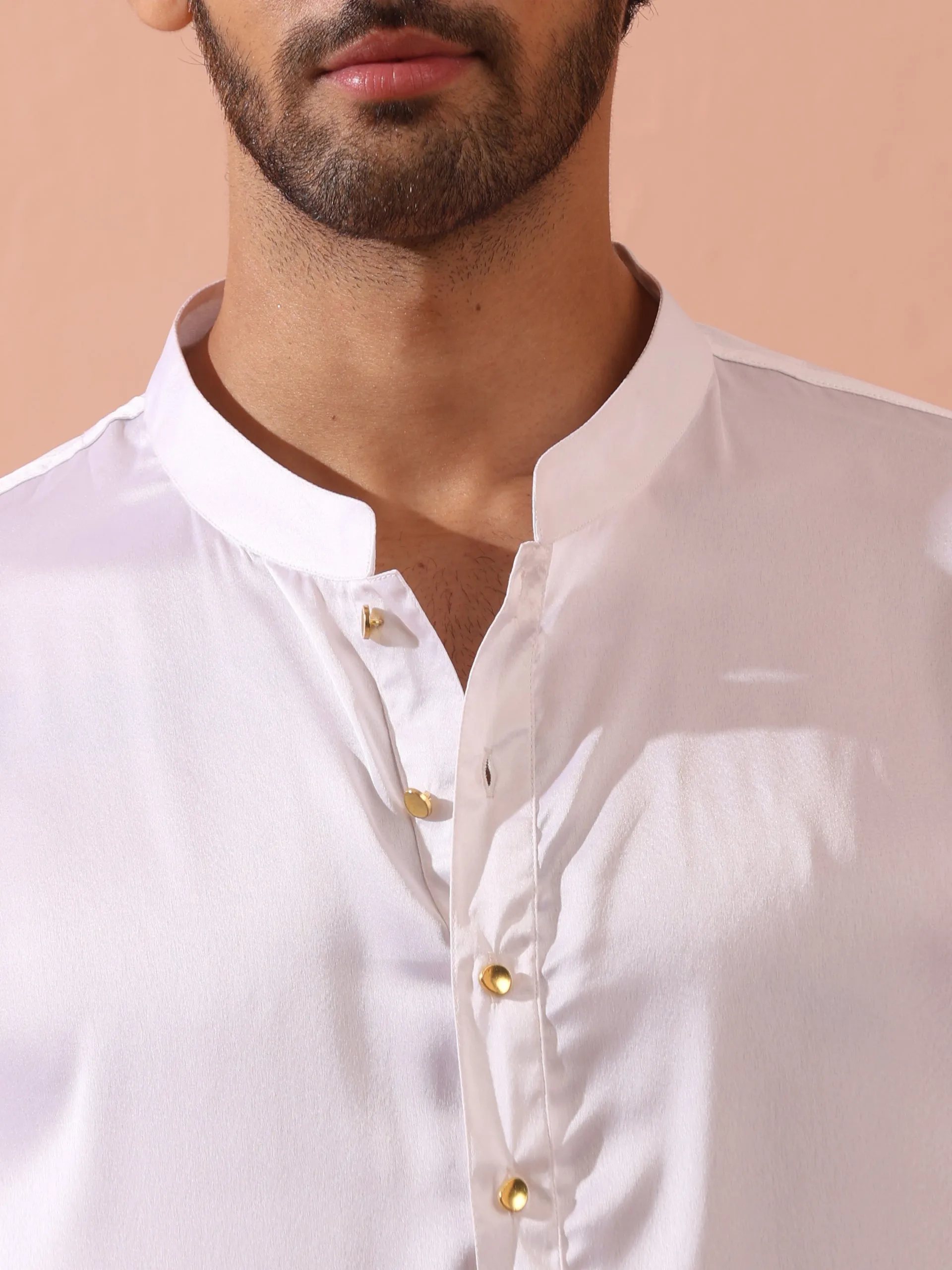 Sufi White Satin Kurta with Gold Buttons