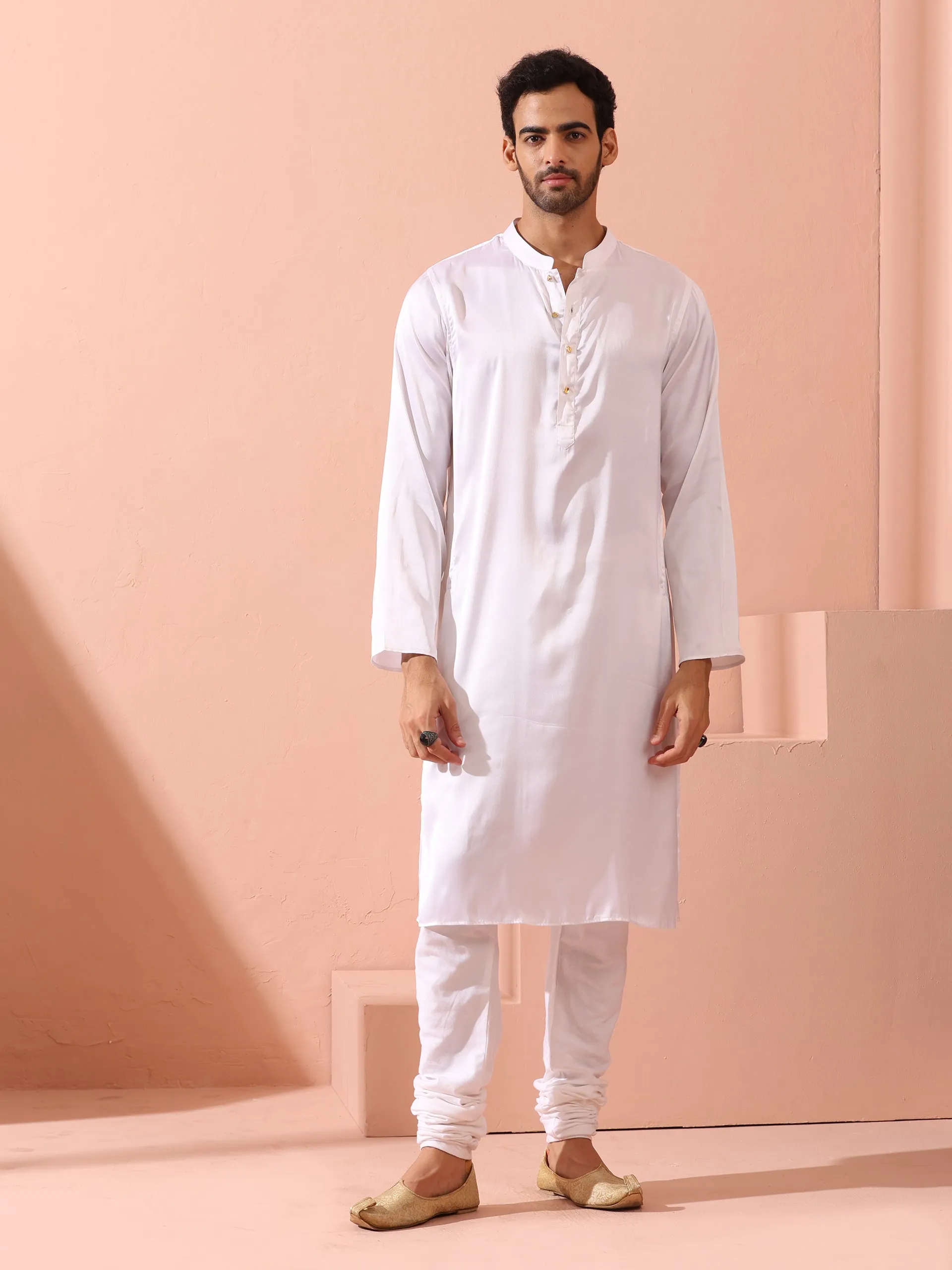 Sufi White Satin Kurta with Gold Buttons