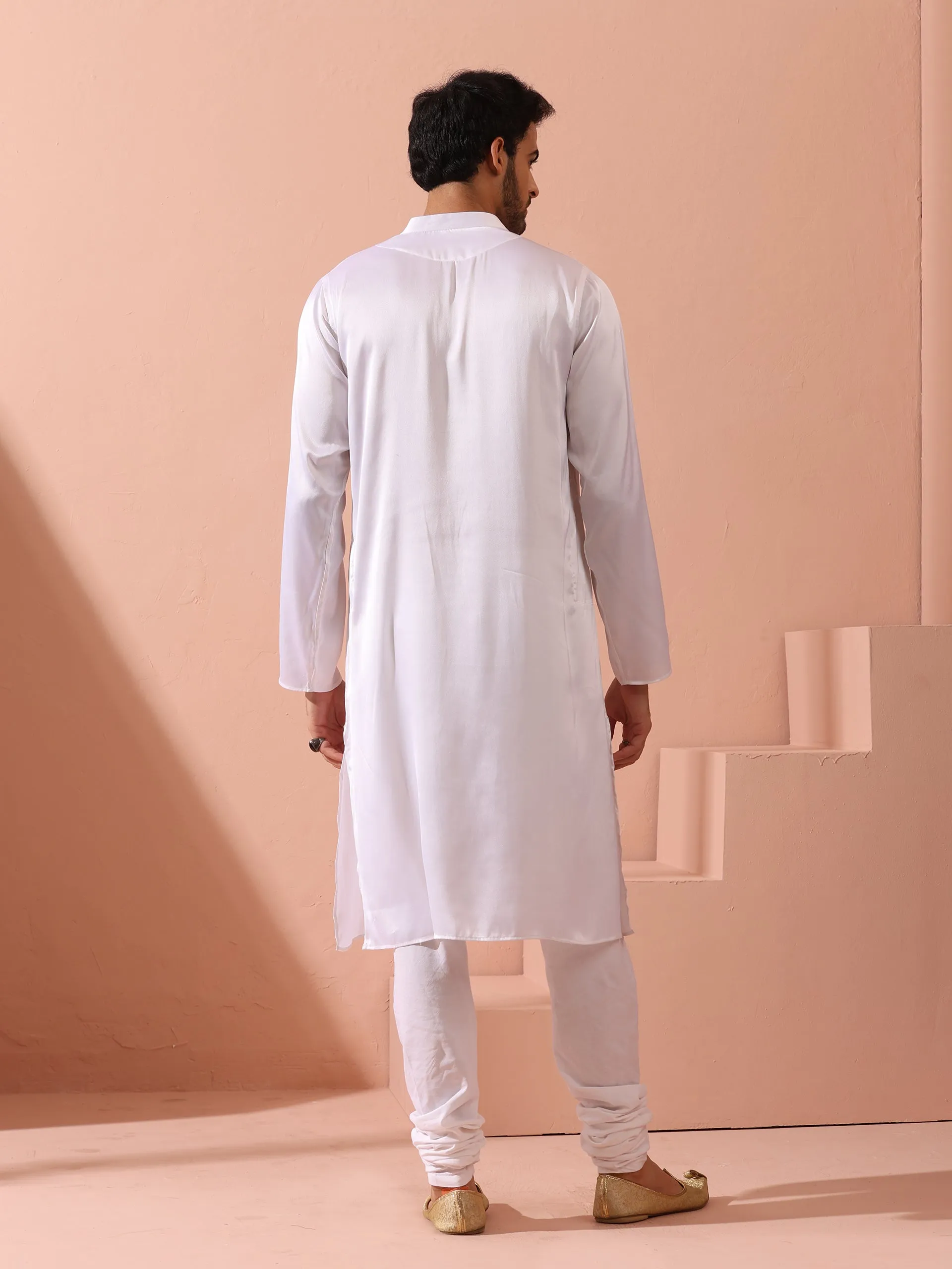 Sufi White Satin Kurta with Gold Buttons