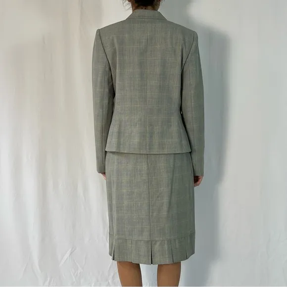 Tahari Arthur S. Levine Grey and Green Plaid Skirt Suit, Pleated Hem