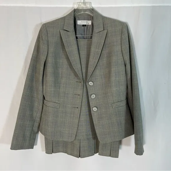 Tahari Arthur S. Levine Grey and Green Plaid Skirt Suit, Pleated Hem
