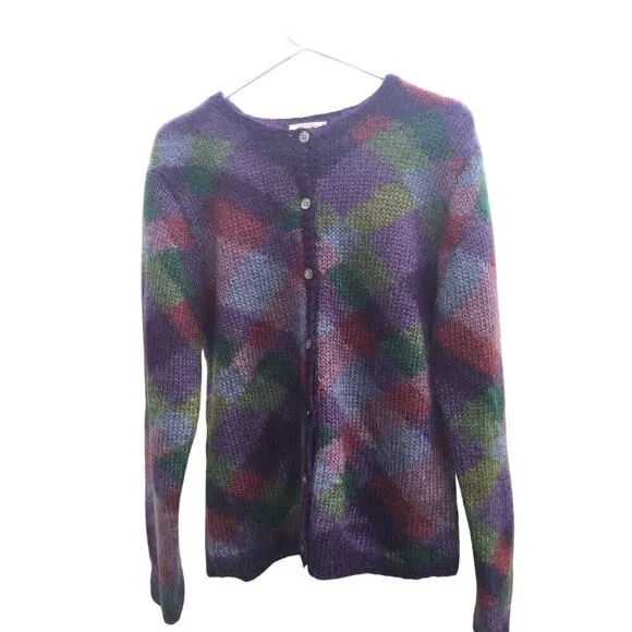 Talbots mohair cardigan womens L purple plaid patchwork fairy grunge sweater