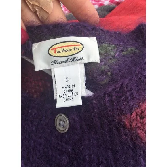 Talbots mohair cardigan womens L purple plaid patchwork fairy grunge sweater