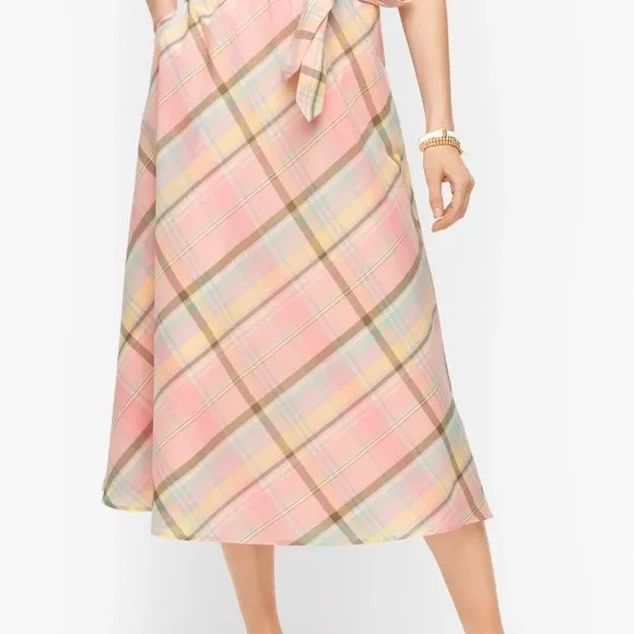 Talbots Pastel Plaid Midi Skirt Womens Size S Cotton Preppy Soft Girl Pull On