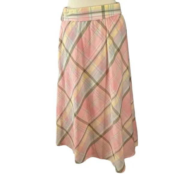Talbots Pastel Plaid Midi Skirt Womens Size S Cotton Preppy Soft Girl Pull On