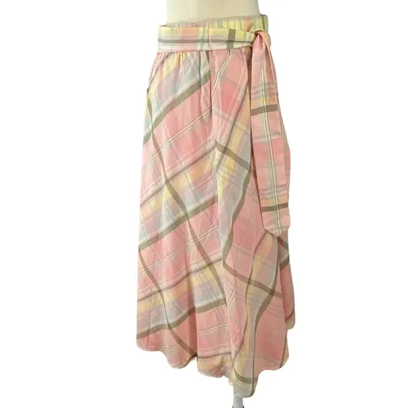 Talbots Pastel Plaid Midi Skirt Womens Size S Cotton Preppy Soft Girl Pull On