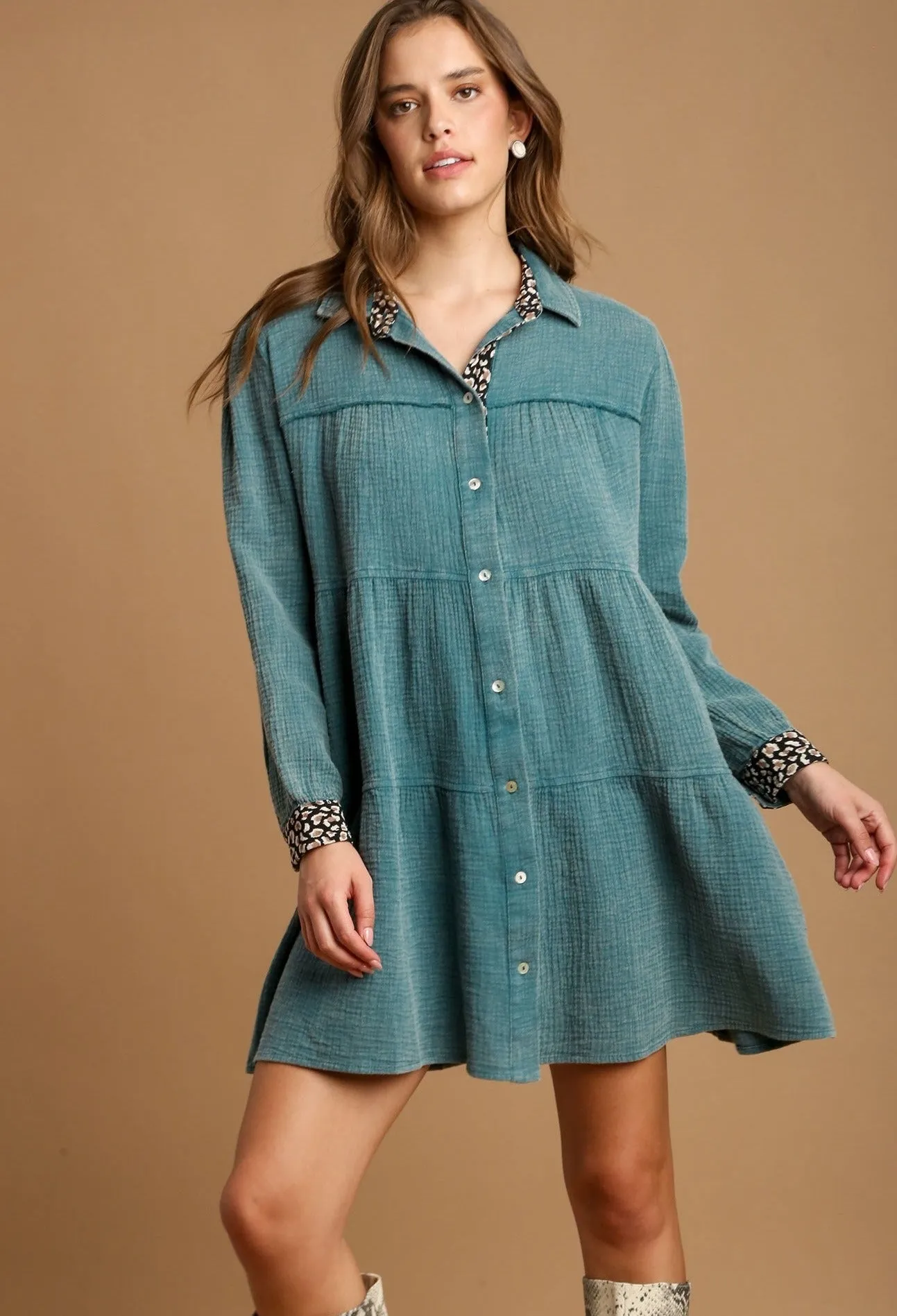 Teal Mineral Wash Cotton Gauze Tiered Dress