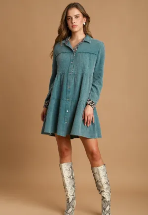 Teal Mineral Wash Cotton Gauze Tiered Dress
