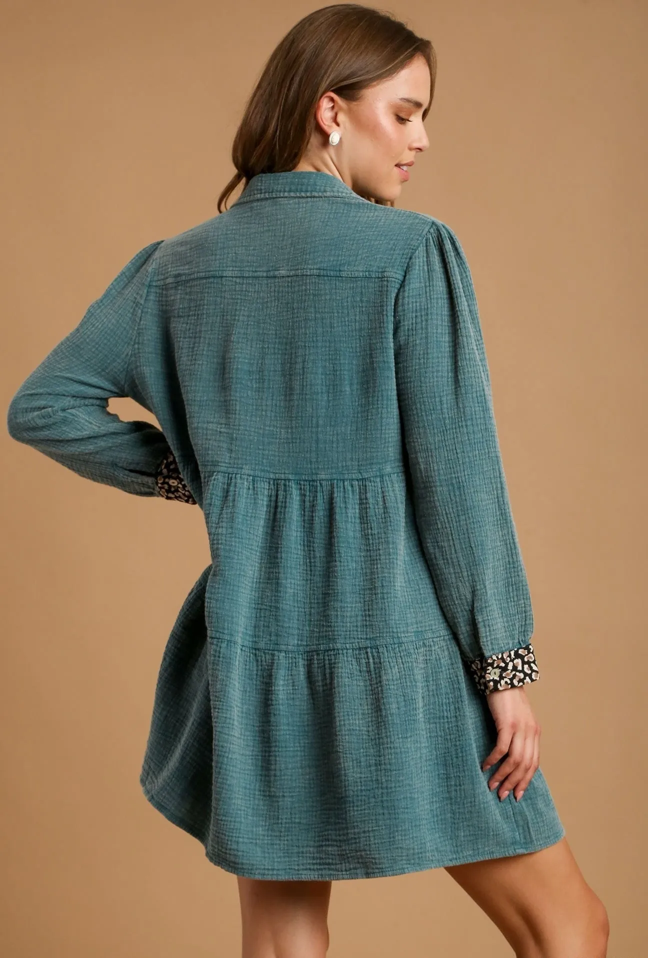 Teal Mineral Wash Cotton Gauze Tiered Dress