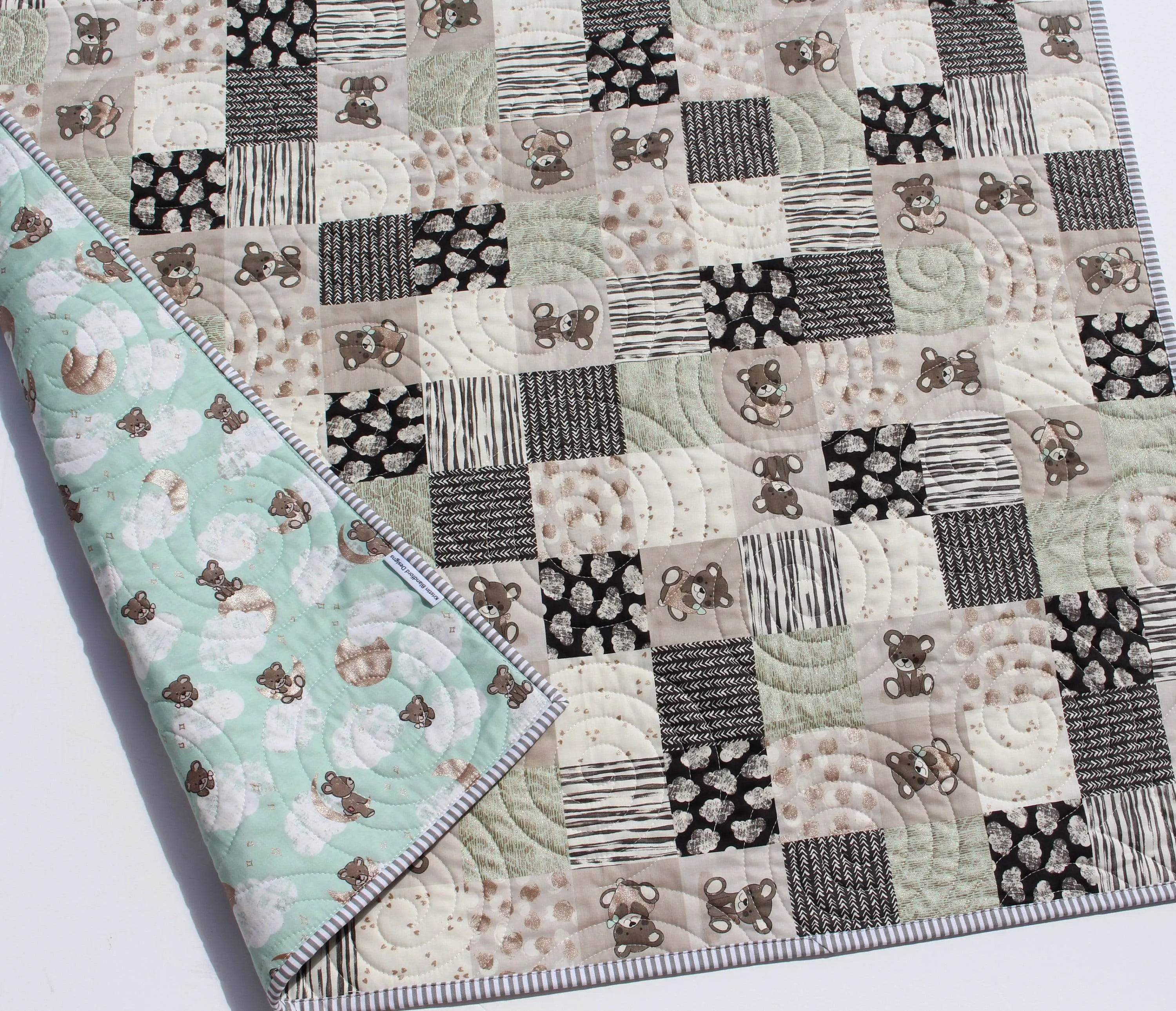 Teddy Bear Quilt Baby Boy Handmade Newborn Blanket Mint Grey Gray Patchwork Nursery Bedding Clouds Moon Sleep Tight Gold Pink Homemade Child