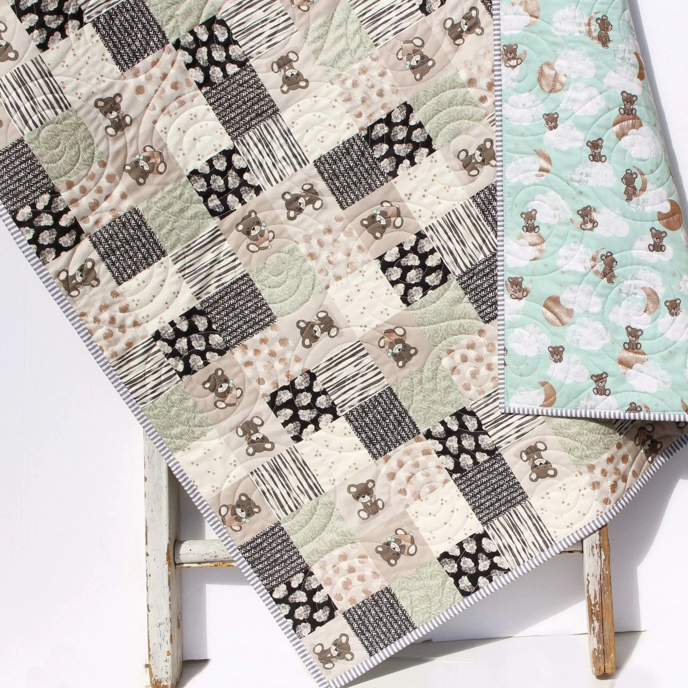 Teddy Bear Quilt Baby Boy Handmade Newborn Blanket Mint Grey Gray Patchwork Nursery Bedding Clouds Moon Sleep Tight Gold Pink Homemade Child