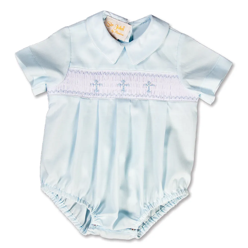 Three Crosses Light Blue Smocked Boy Bubble