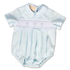 Three Crosses Light Blue Smocked Boy Bubble