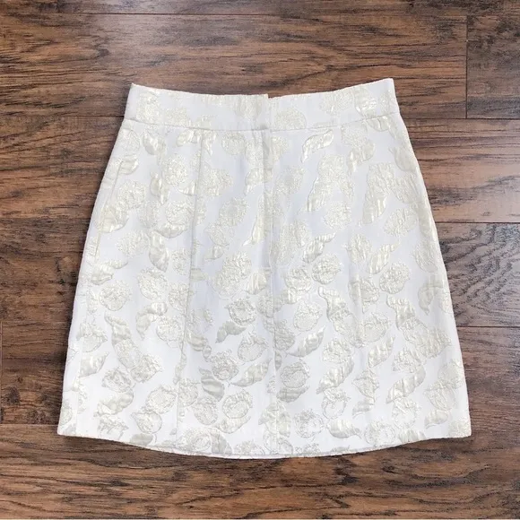 Tibi • gold metallic floral skirt mini rose print cream lamé foil brocade pleat