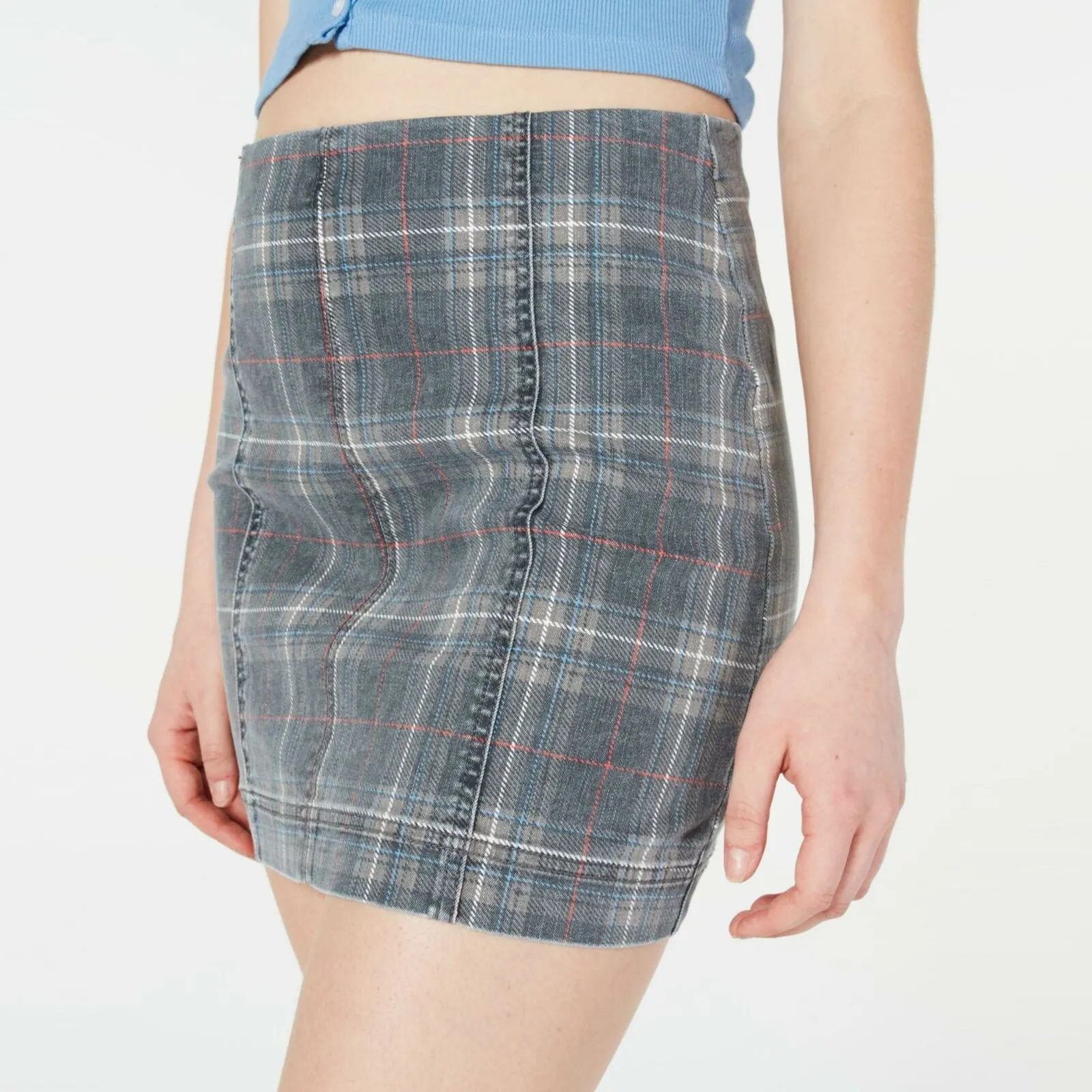 Tinseltown Women's Junior Fit Plaid Denim Mini Skirt