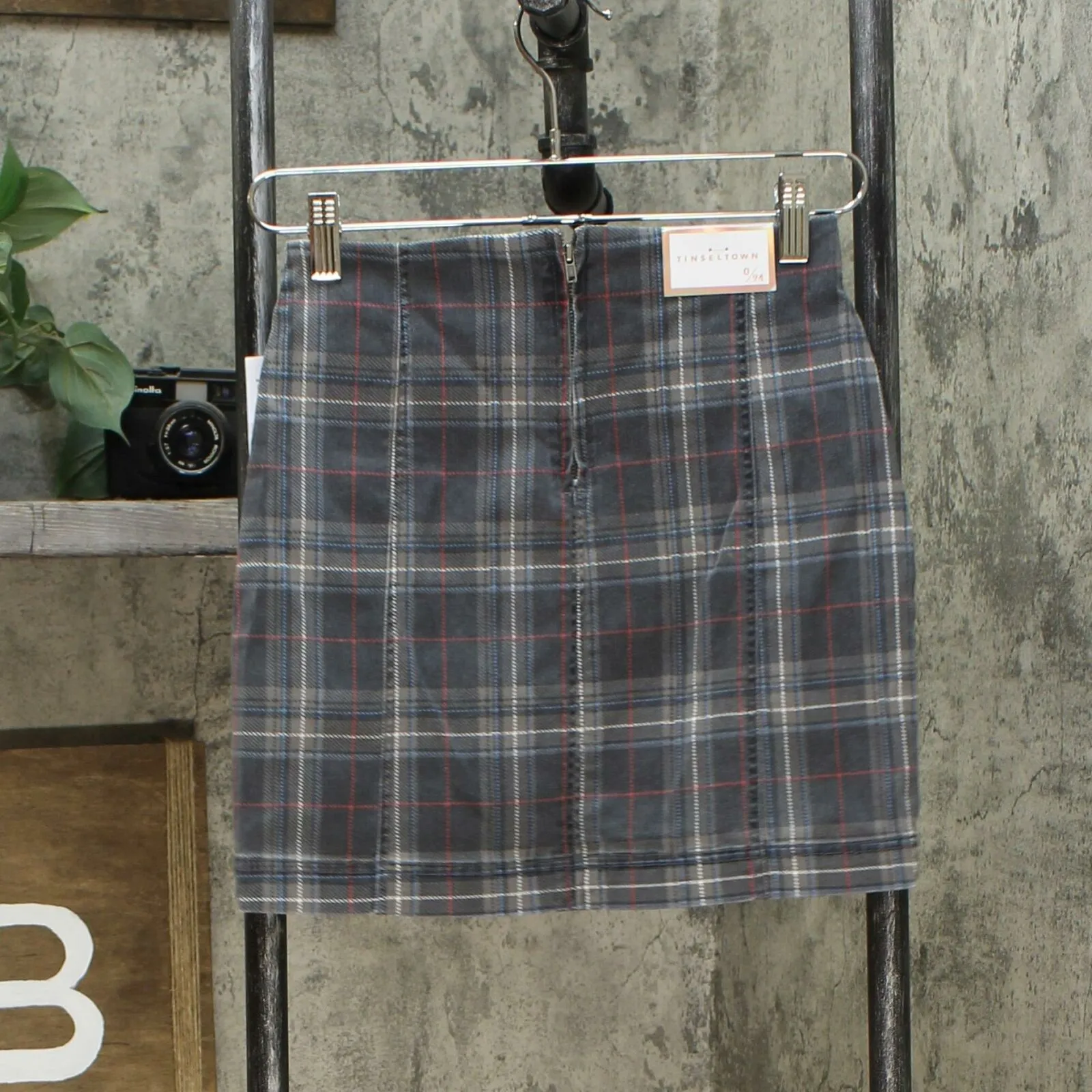 Tinseltown Women's Junior Fit Plaid Denim Mini Skirt